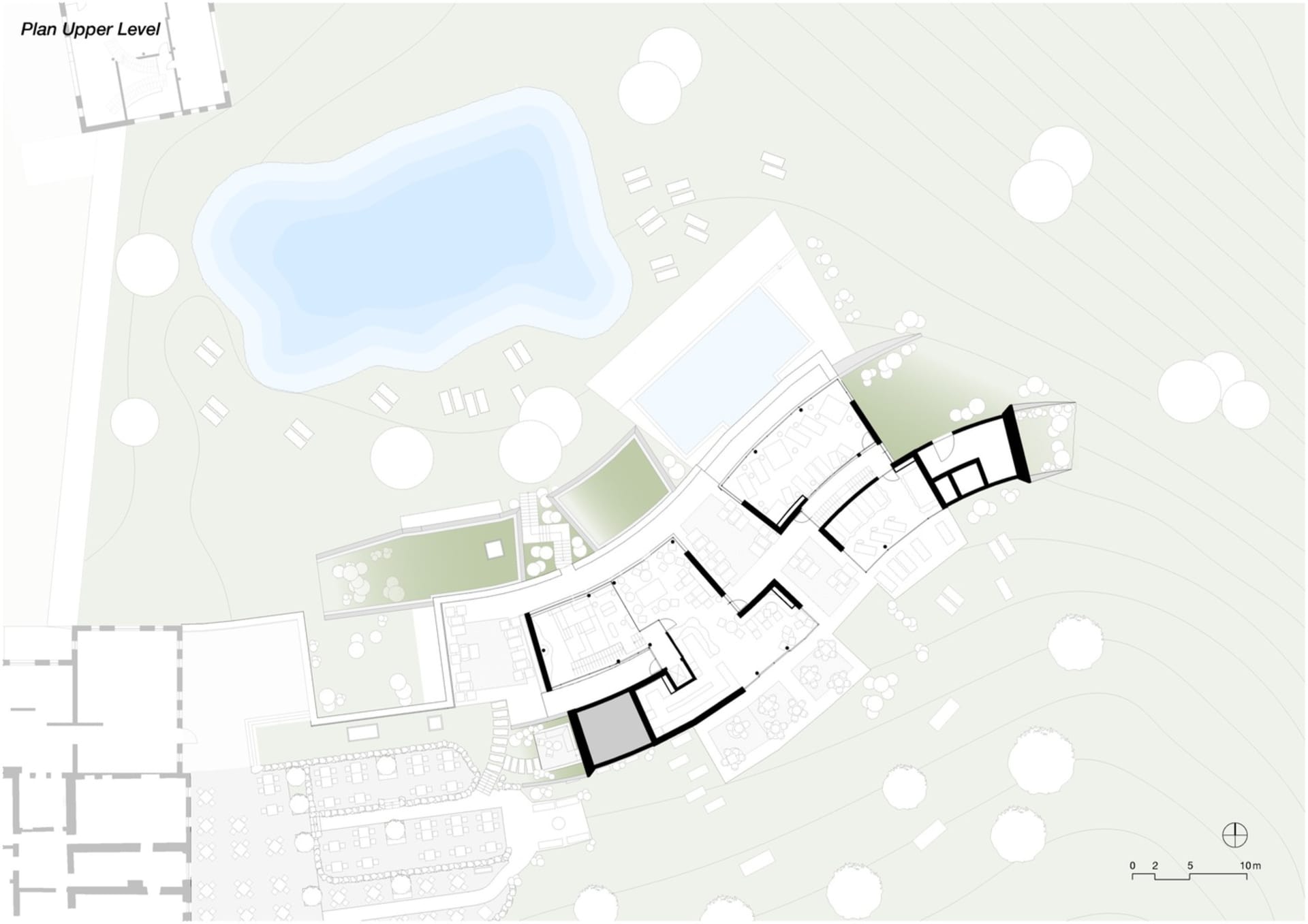現代住宅建築平面圖，採用混凝土、玻璃與鋼材材質。