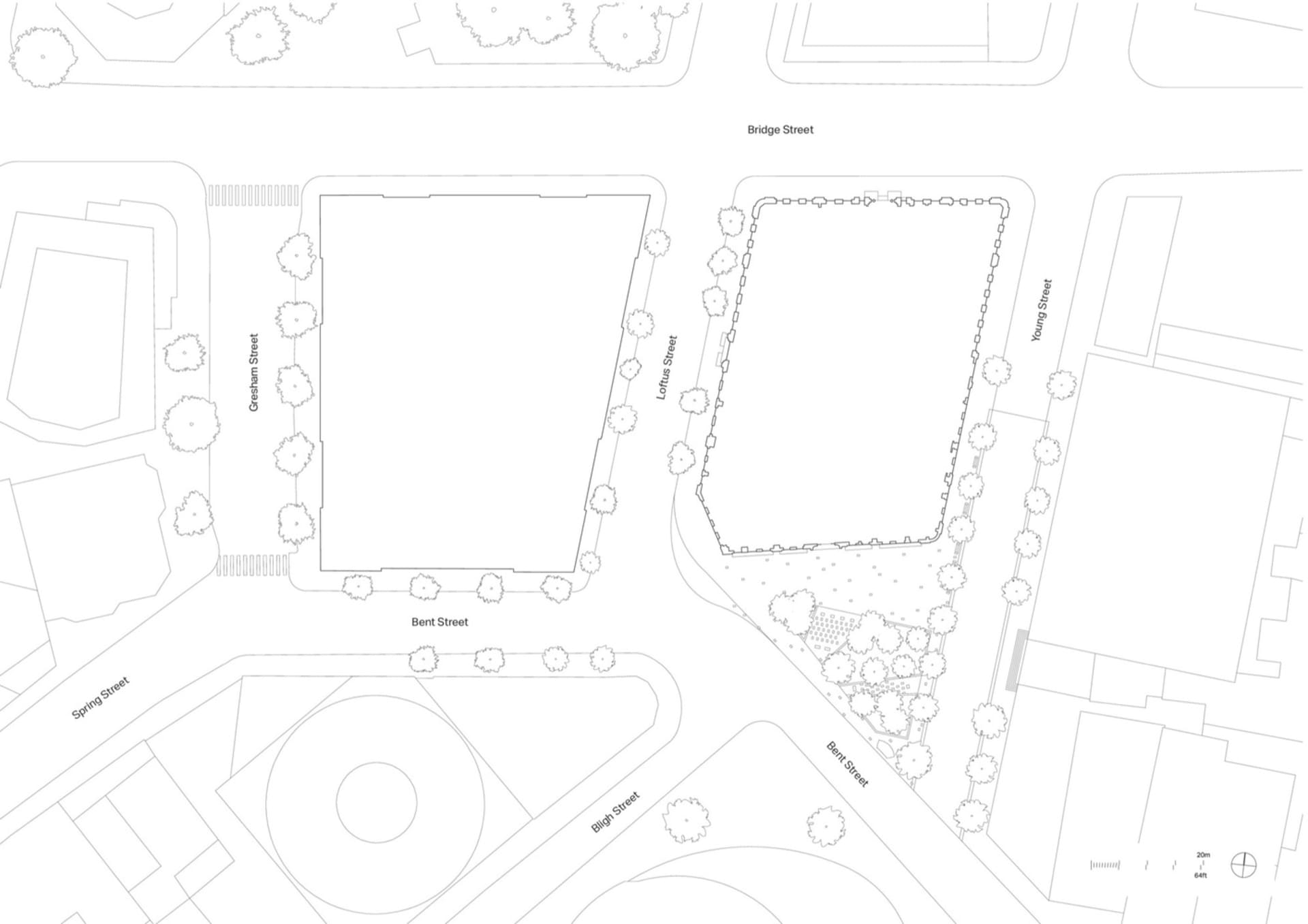 一張細膩的紙上規劃圖，描繪都市街區、公園與建築配置。