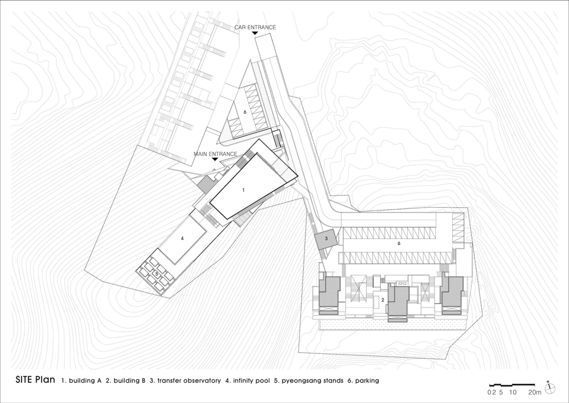 地形圖顯示建築物與停車區域的配置布局。