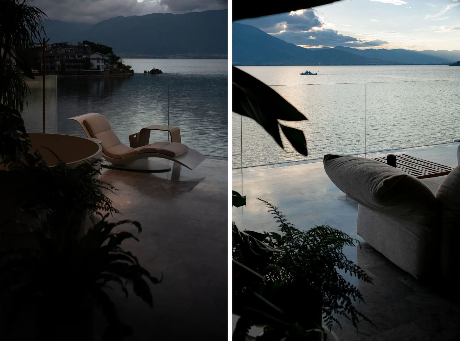 A modern design with clean lines and smooth surfaces, featuring sleek furniture overlooking calm waters with distant mountain