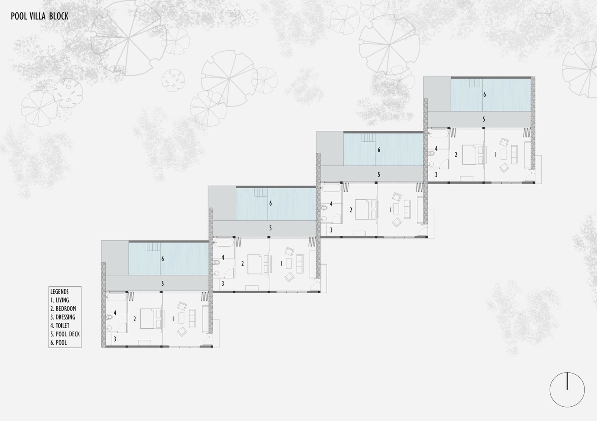 Floor plan of a three-story villa with areas labeled as 'living', 'bedroom', 'dressing', and 'toilet'.