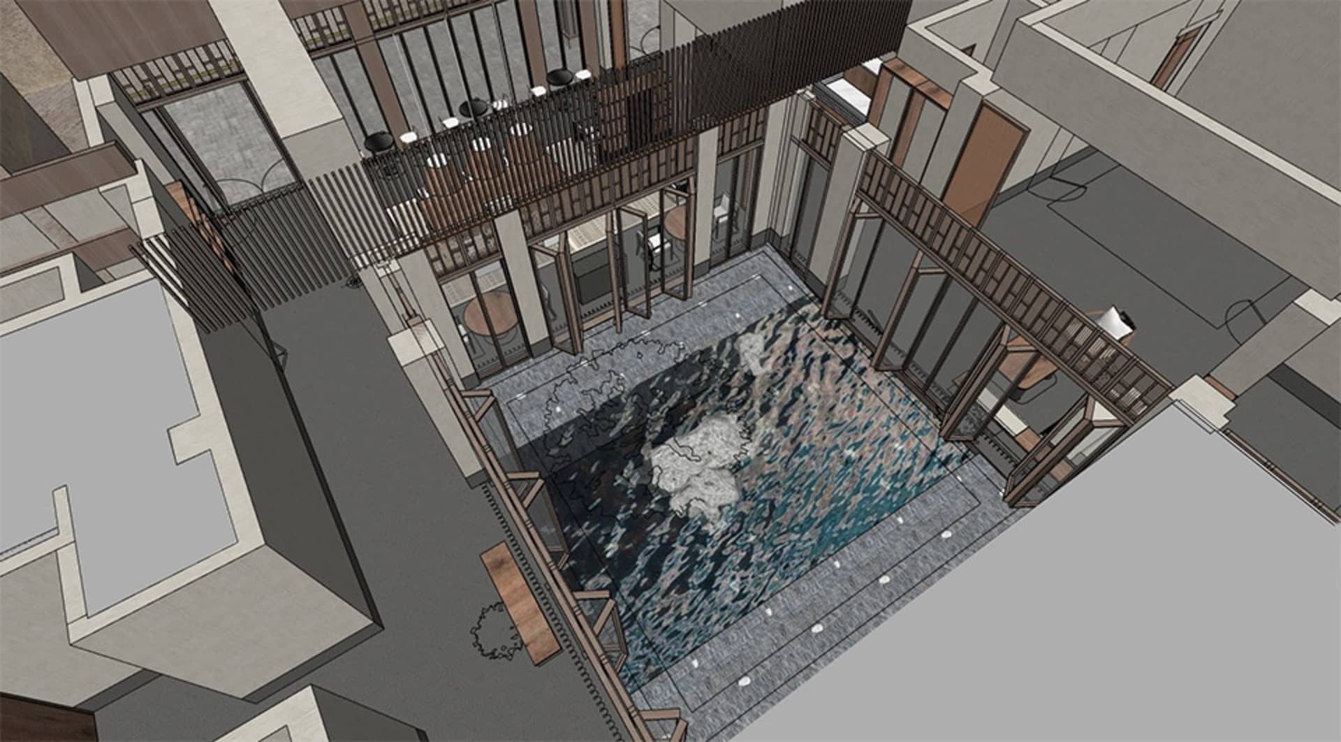 水療室室內的 3D 渲染圖,展現木質與玻璃材質。