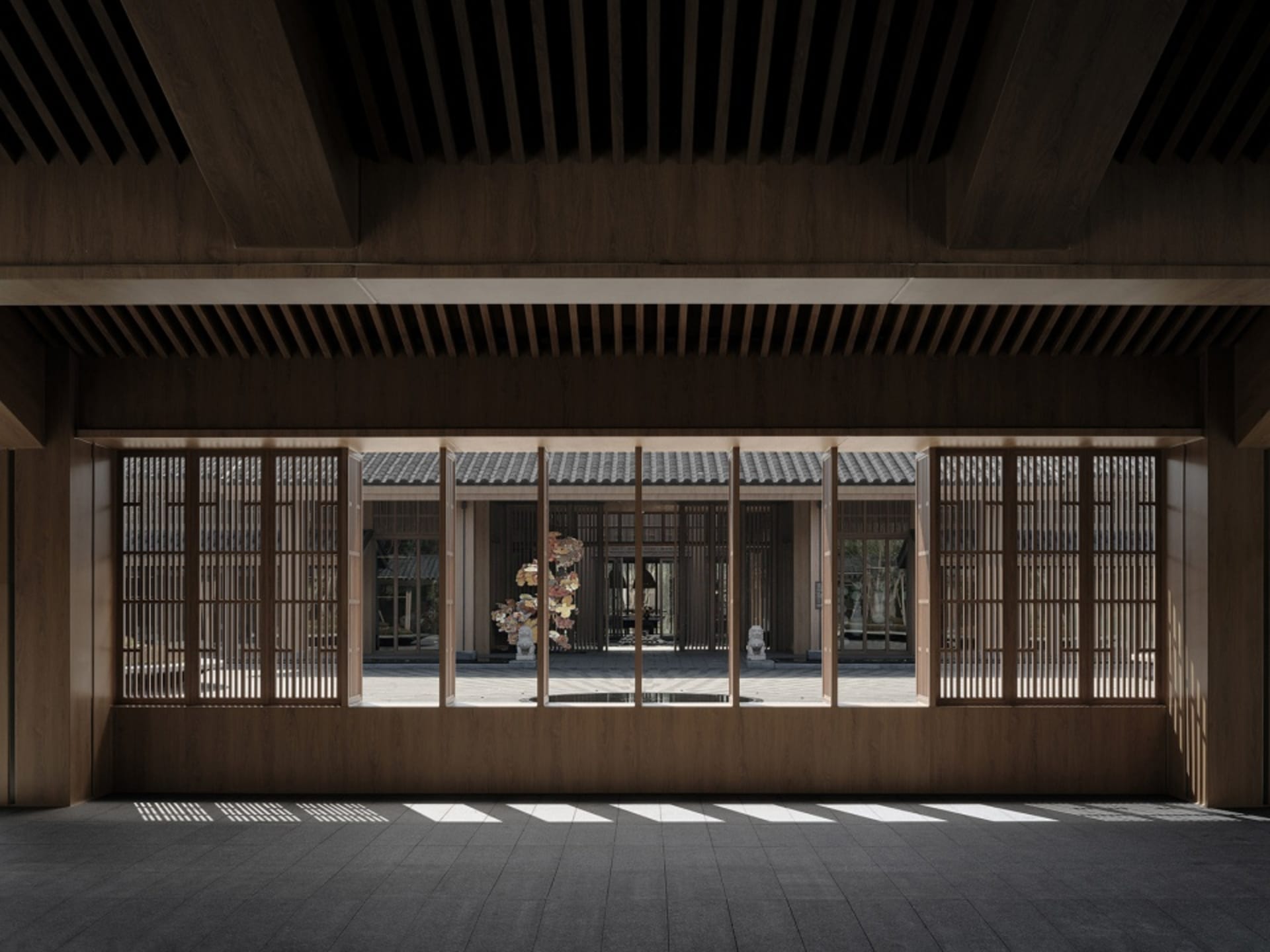 Industrial-style room with wooden frame and traditional Japanese architecture elements.