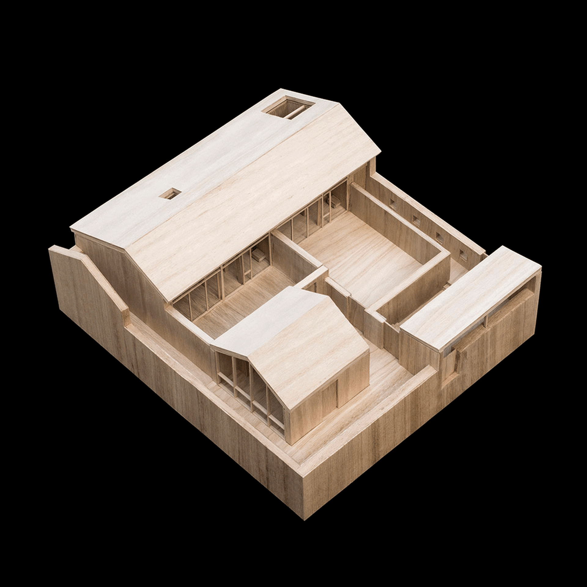 展示現代木質設計的建築模型，呈現開放式室內空間