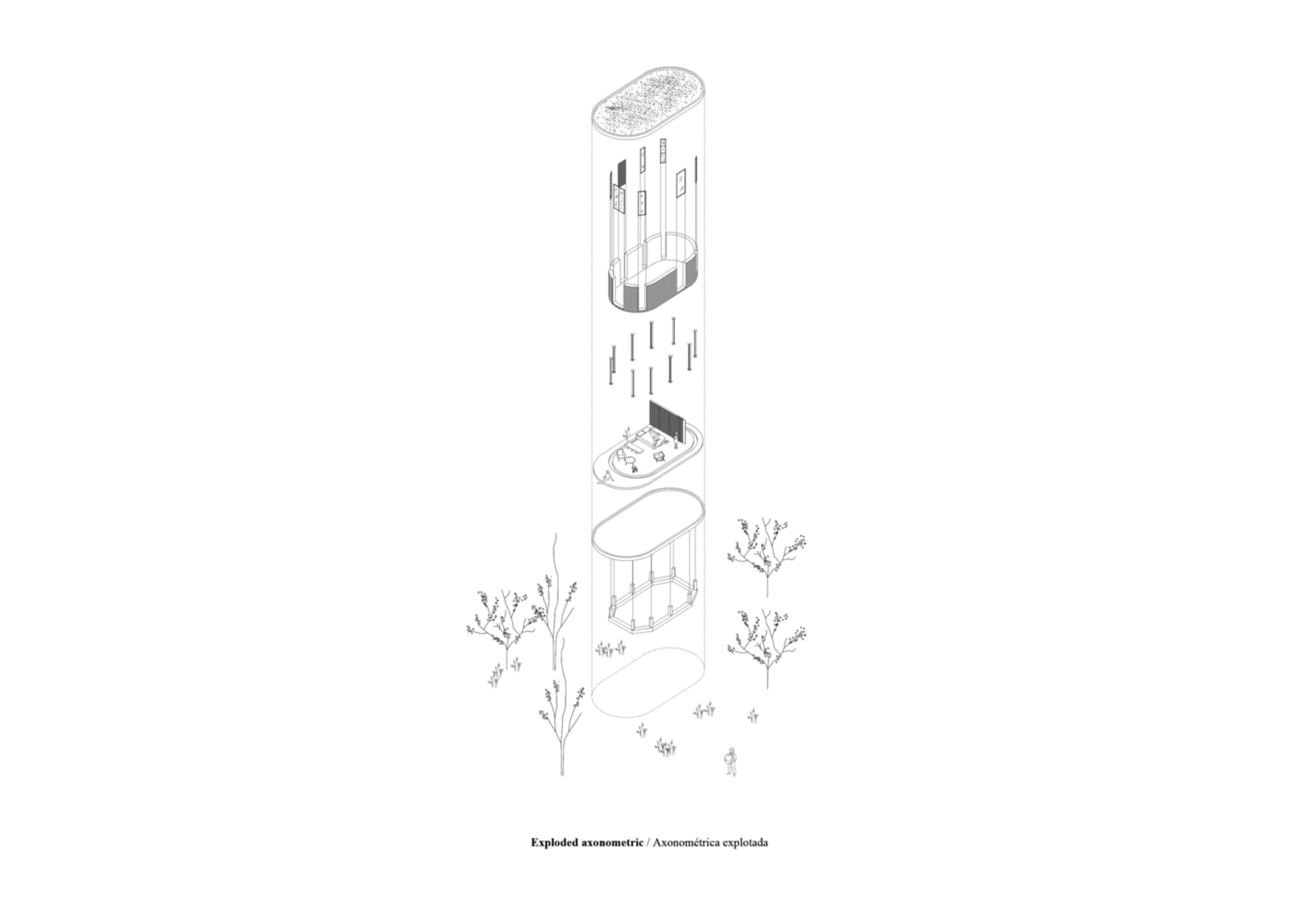 An exploded isometric rendering of a public space, showing various layers and materials in a detailed and abstract manner.