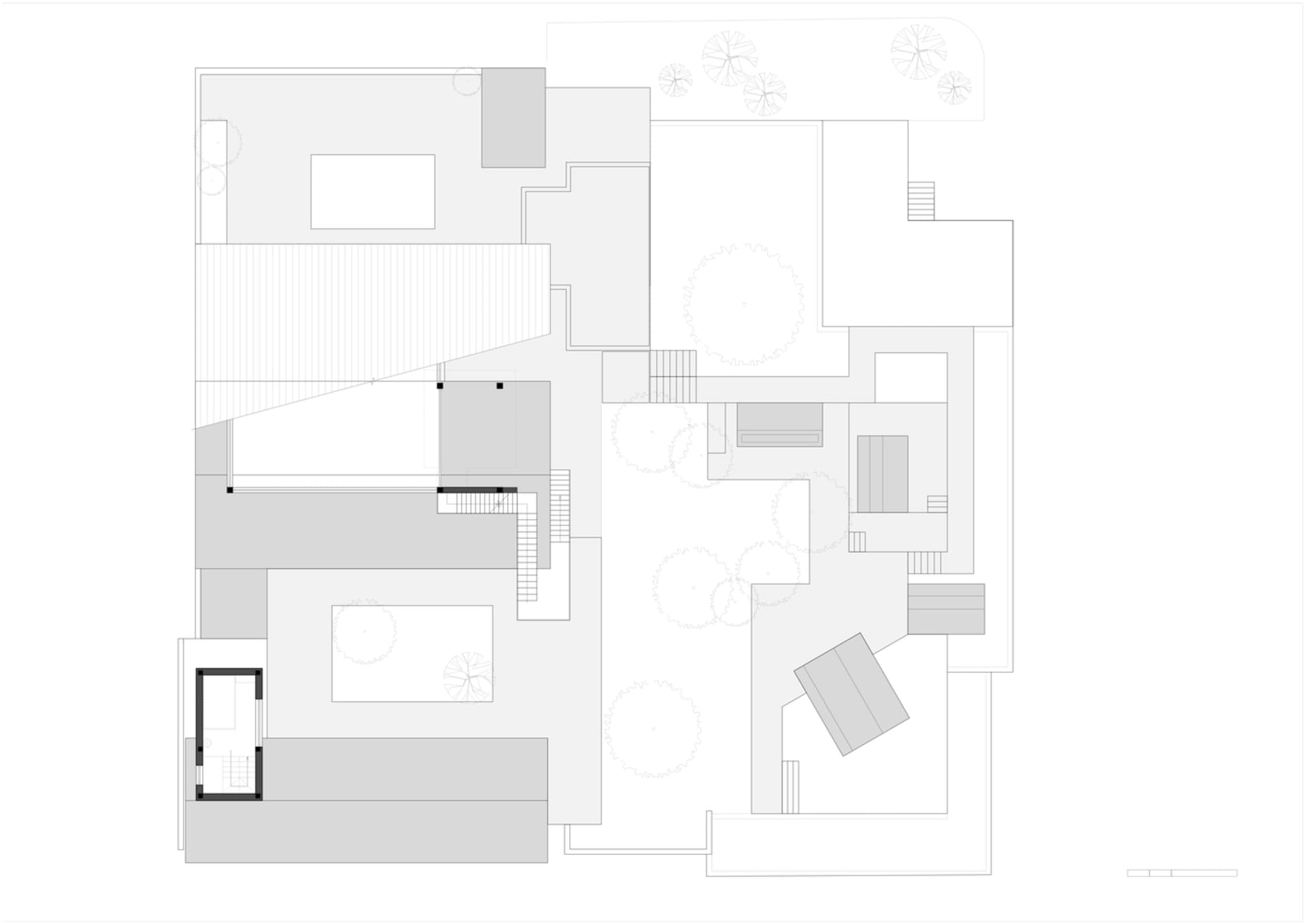 A technical drawing of a residential floor plan featuring modern design elements such as glass walls, exposed steel beams, an