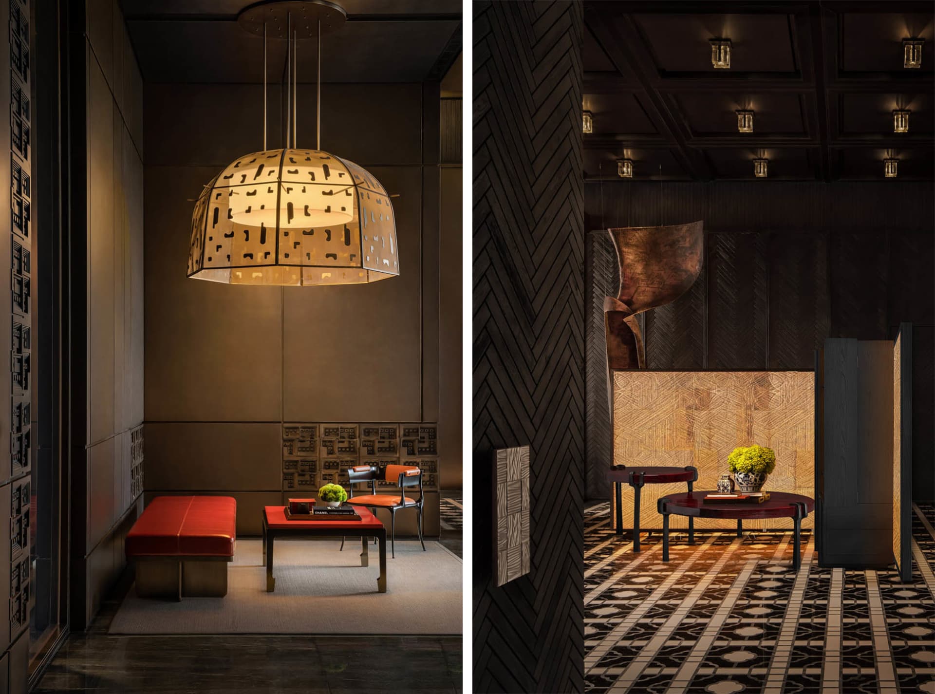 Industrial-style lobby featuring metallic pendant lighting, textured walls, and dark furnishings.