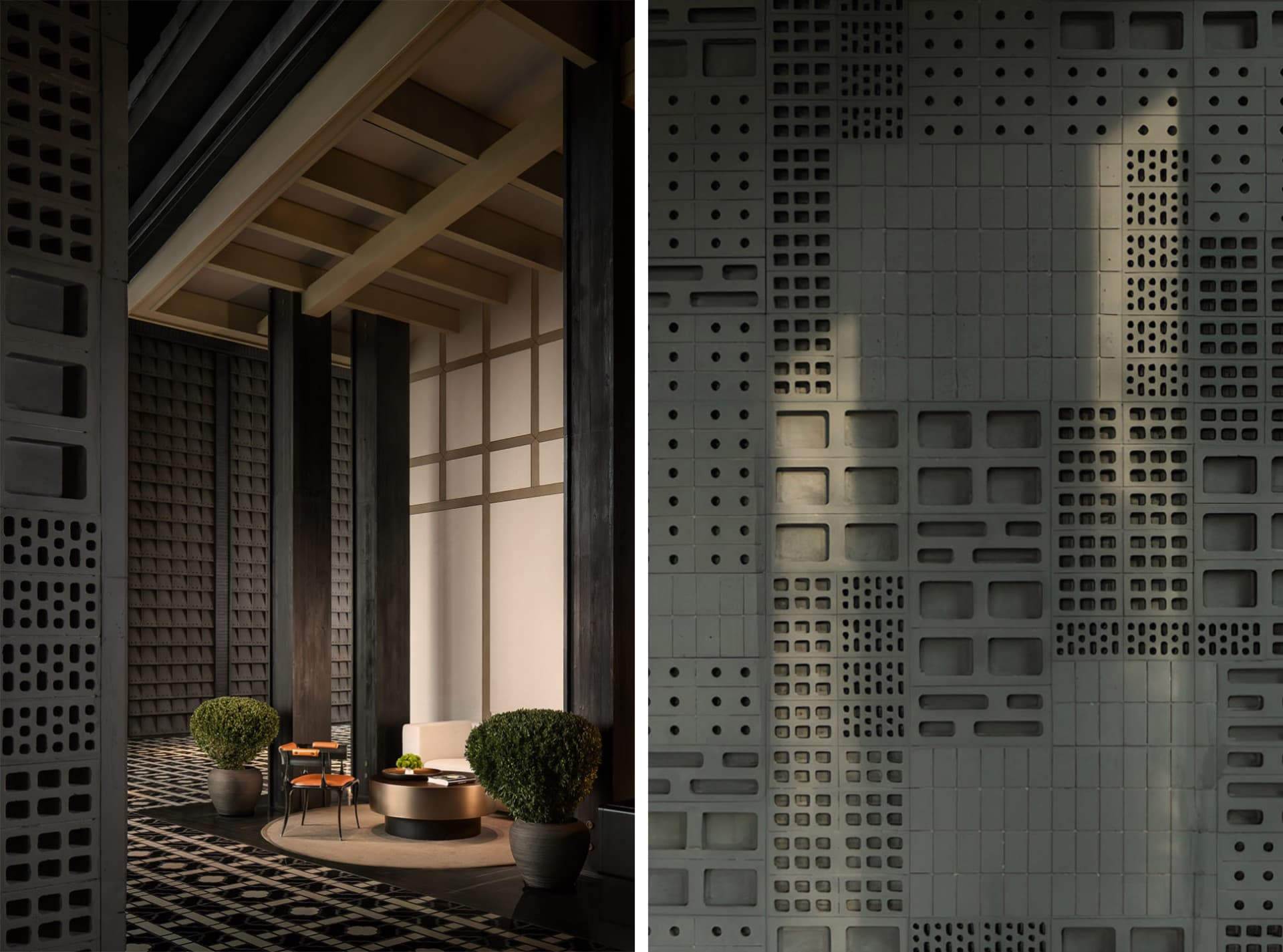 An interior design featuring a modern space with concrete walls and a geometric pattern on the floor, showcasing contemporary
