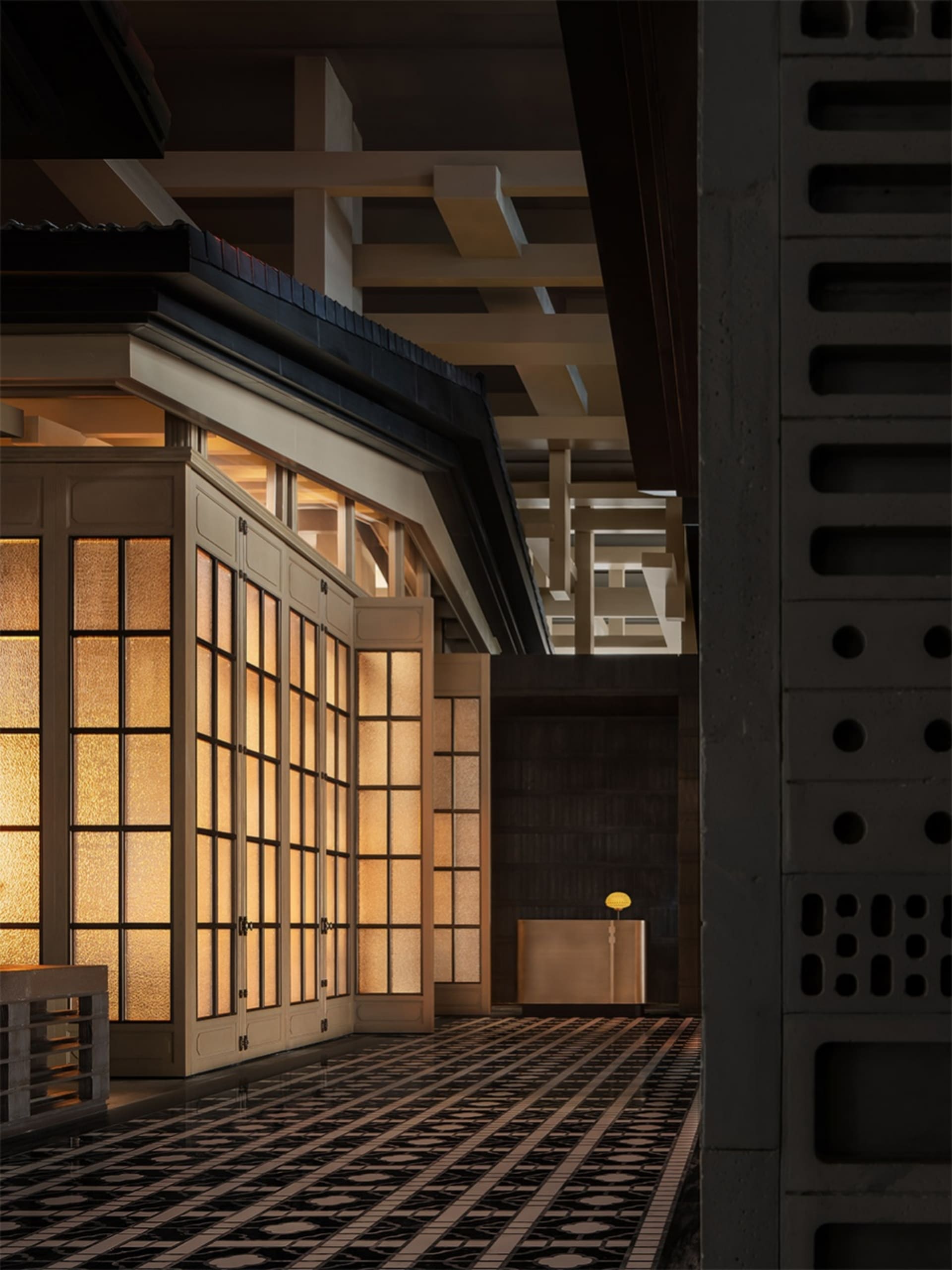 A modern interior with large glass windows