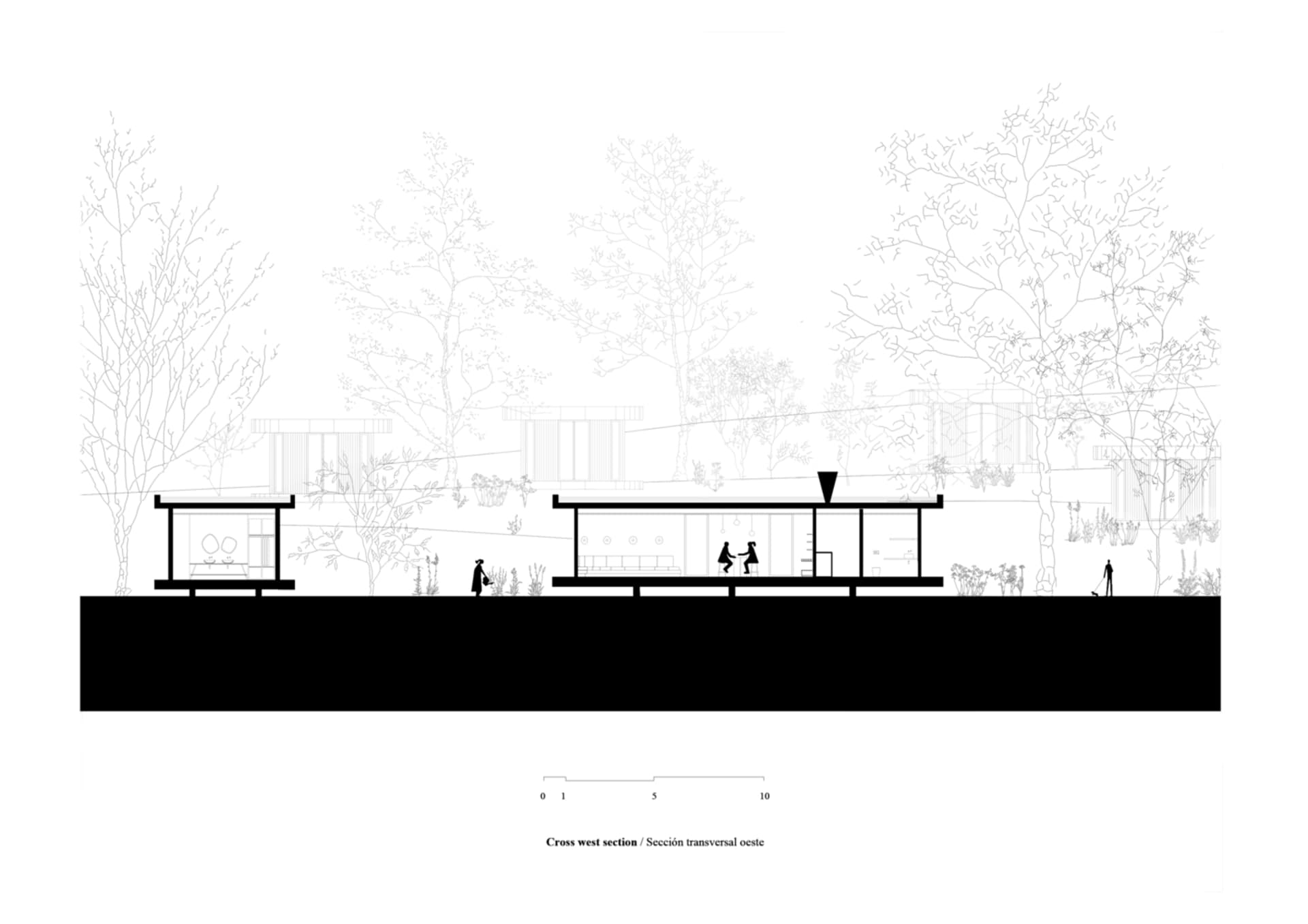 Monochrome architectural rendering of a modern interior space, depicting functional zones and spatial composition.