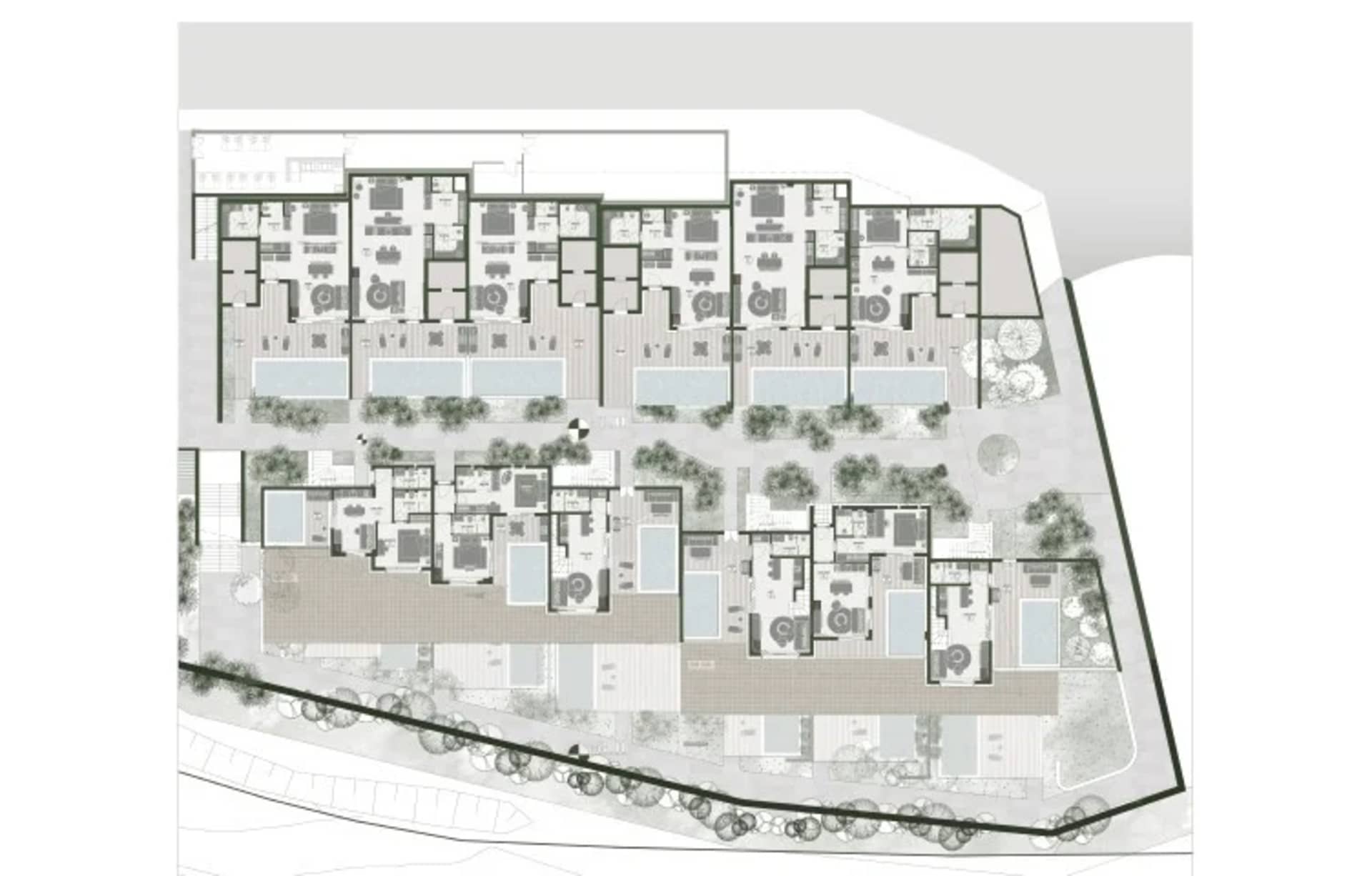 Modern apartment building layout with exterior brick walls, balconies, and communal areas.