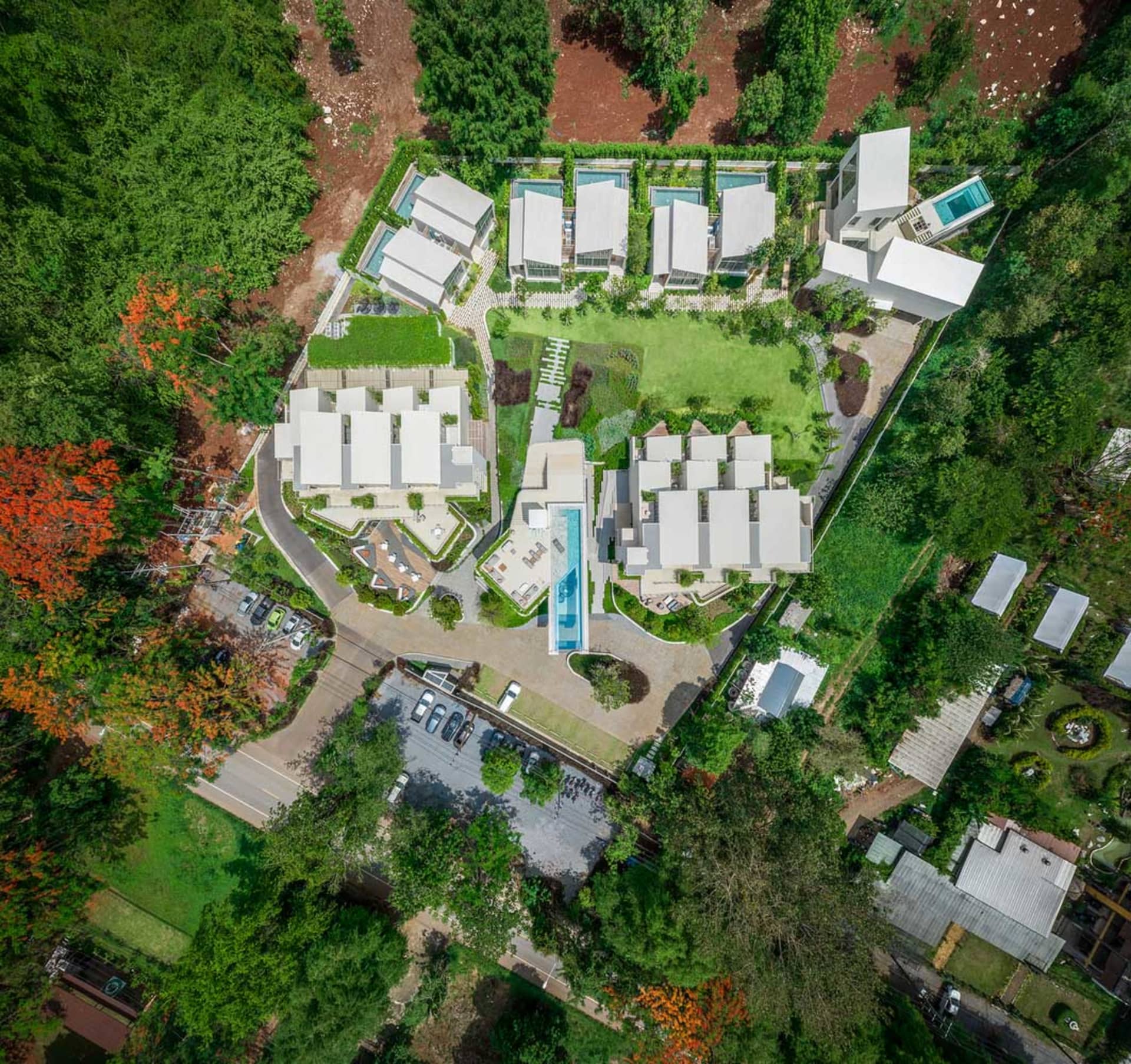 以渲染圖呈現的現代住宅社區,展現當代建築與綠意植栽。