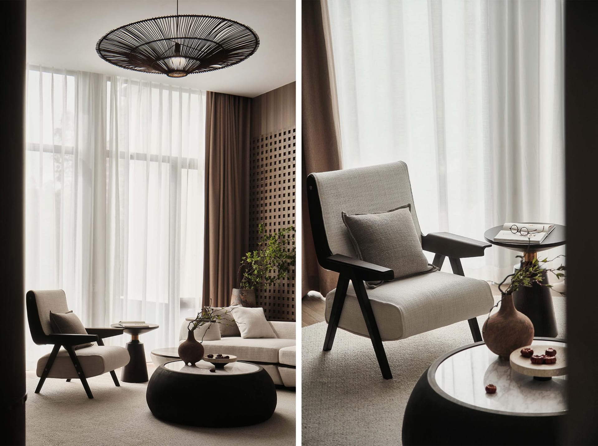 Modern living room with gray upholstered furniture, white glass tables, and a woven ceiling light fixture.