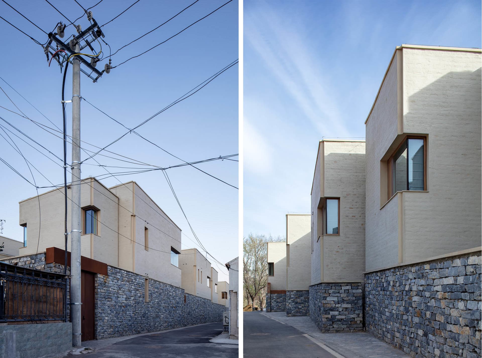 Modern architecture featuring a stone exterior in a residential setting.