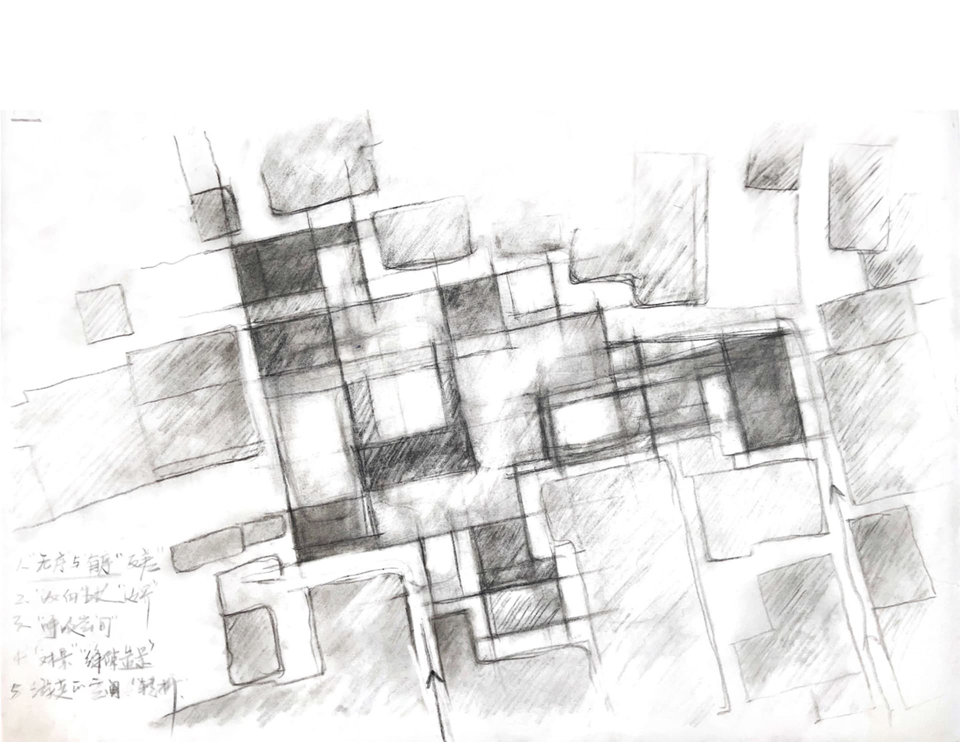 Grayscale architectural drawing with abstract shapes and lines