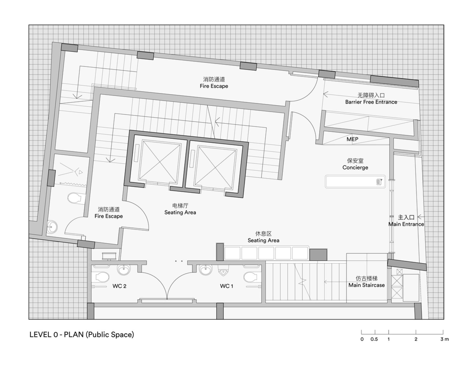 Floor plan of a public space on level zero, showing seating areas, fire escapes, restrooms, and a main staircase.