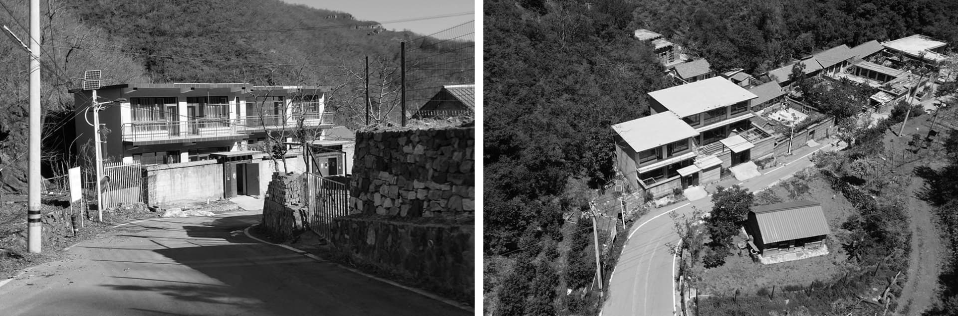 山坡上的現代住宅建築，外牆採用混凝土材質。