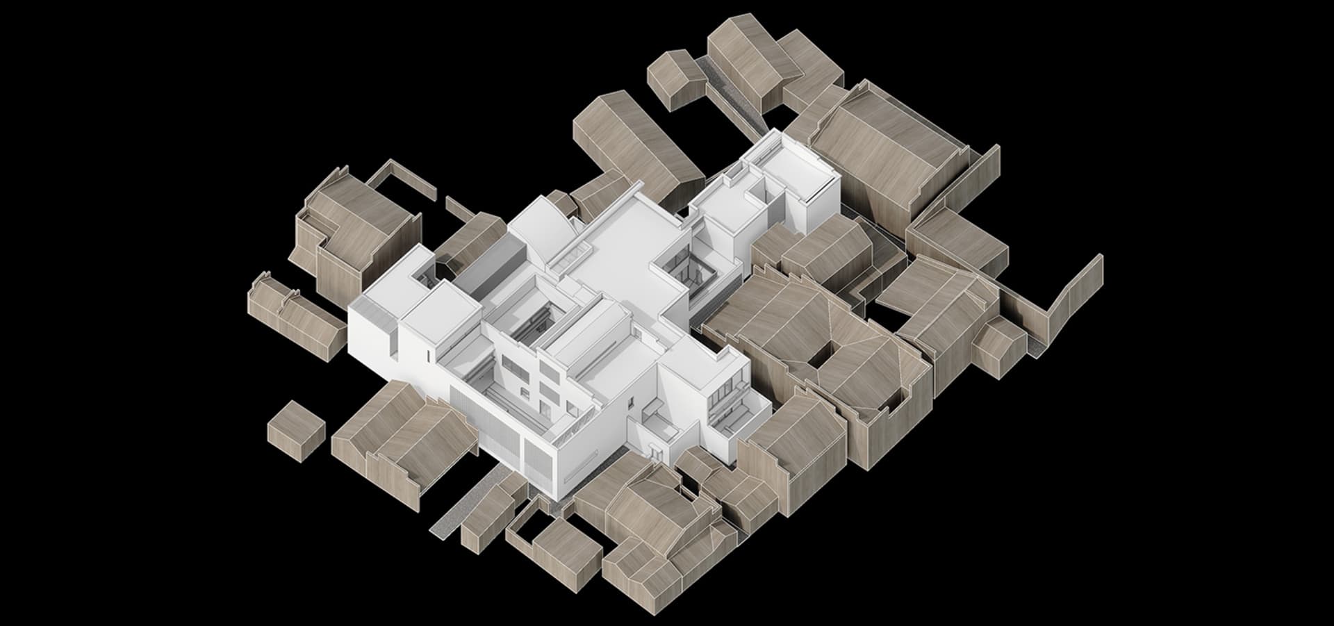 3D architectural rendering of a modern residential home with concrete and glass materials in the living room area.