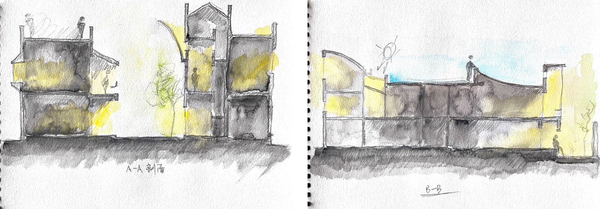 Cross-sectional watercolor drawing of an architectural interior design.