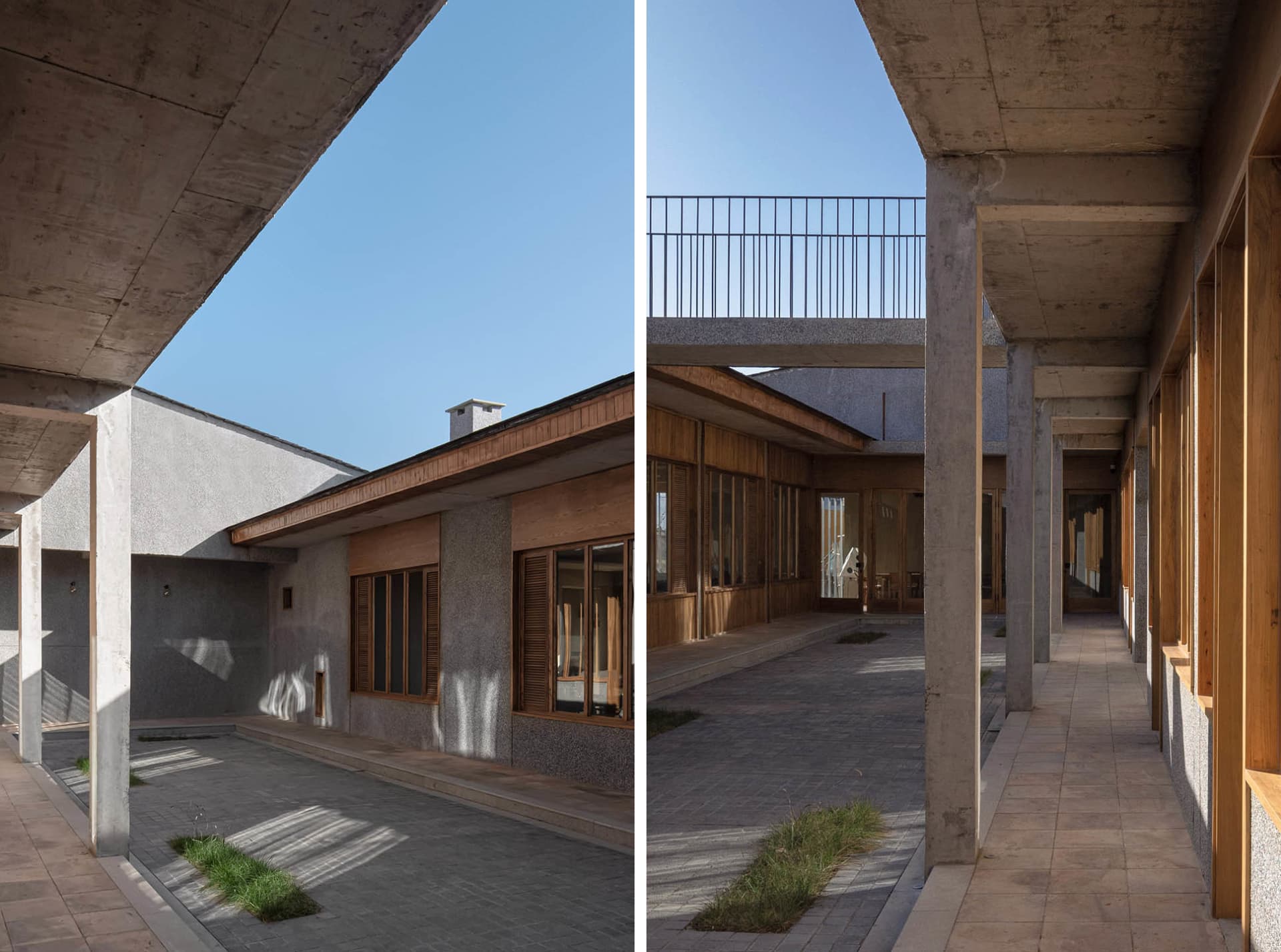 現代工業風建築室內，搭配清水模牆面與木質元素點綴。