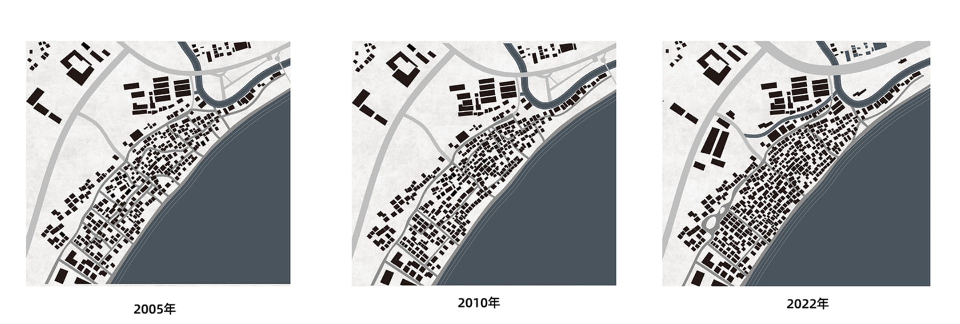 A timeline of urban development layouts showcasing changes from 2005 to 2022.
