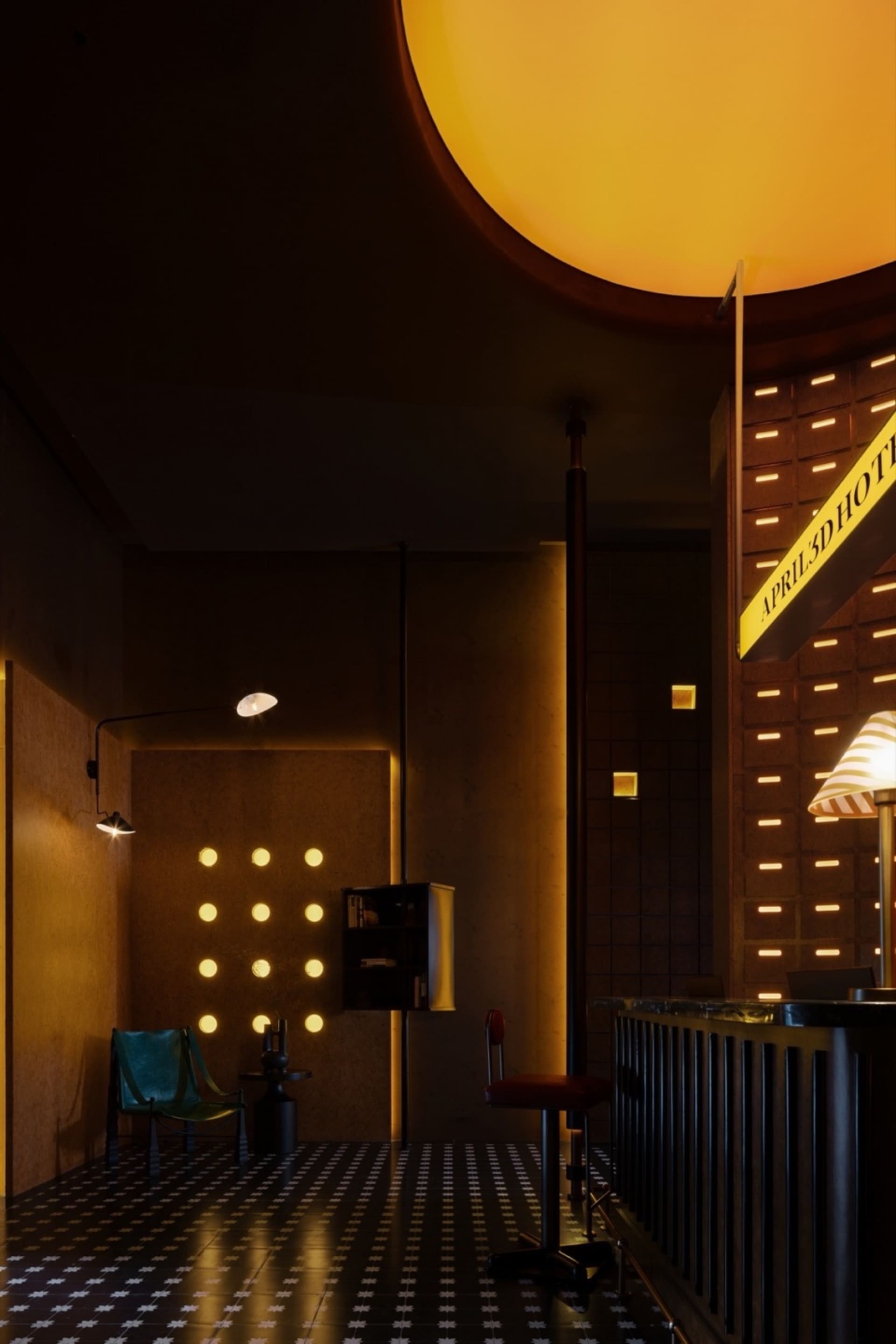 Modern industrial-style hotel reception area with concrete walls and floor tiles.