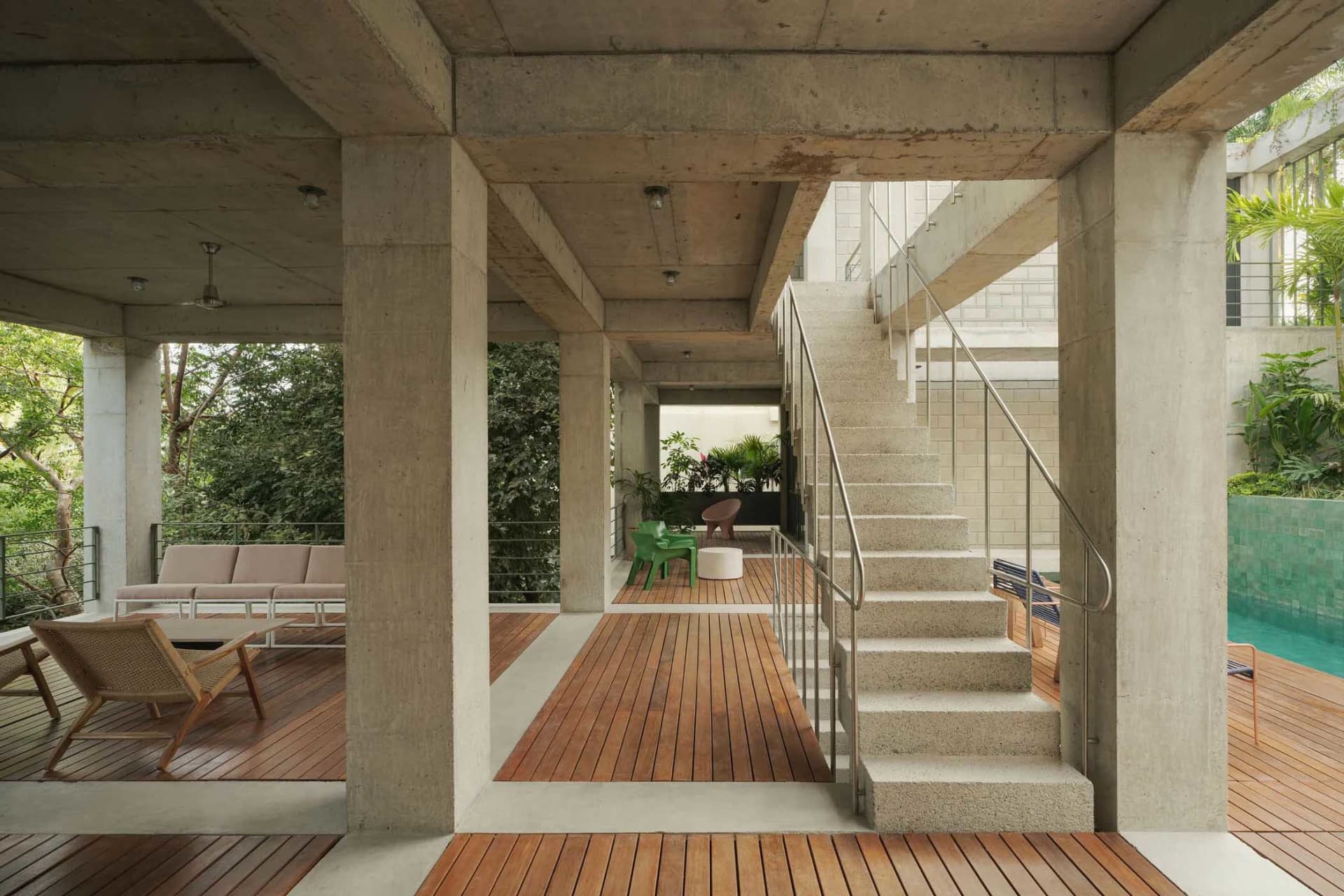 Modern interior design featuring concrete and wood materials.