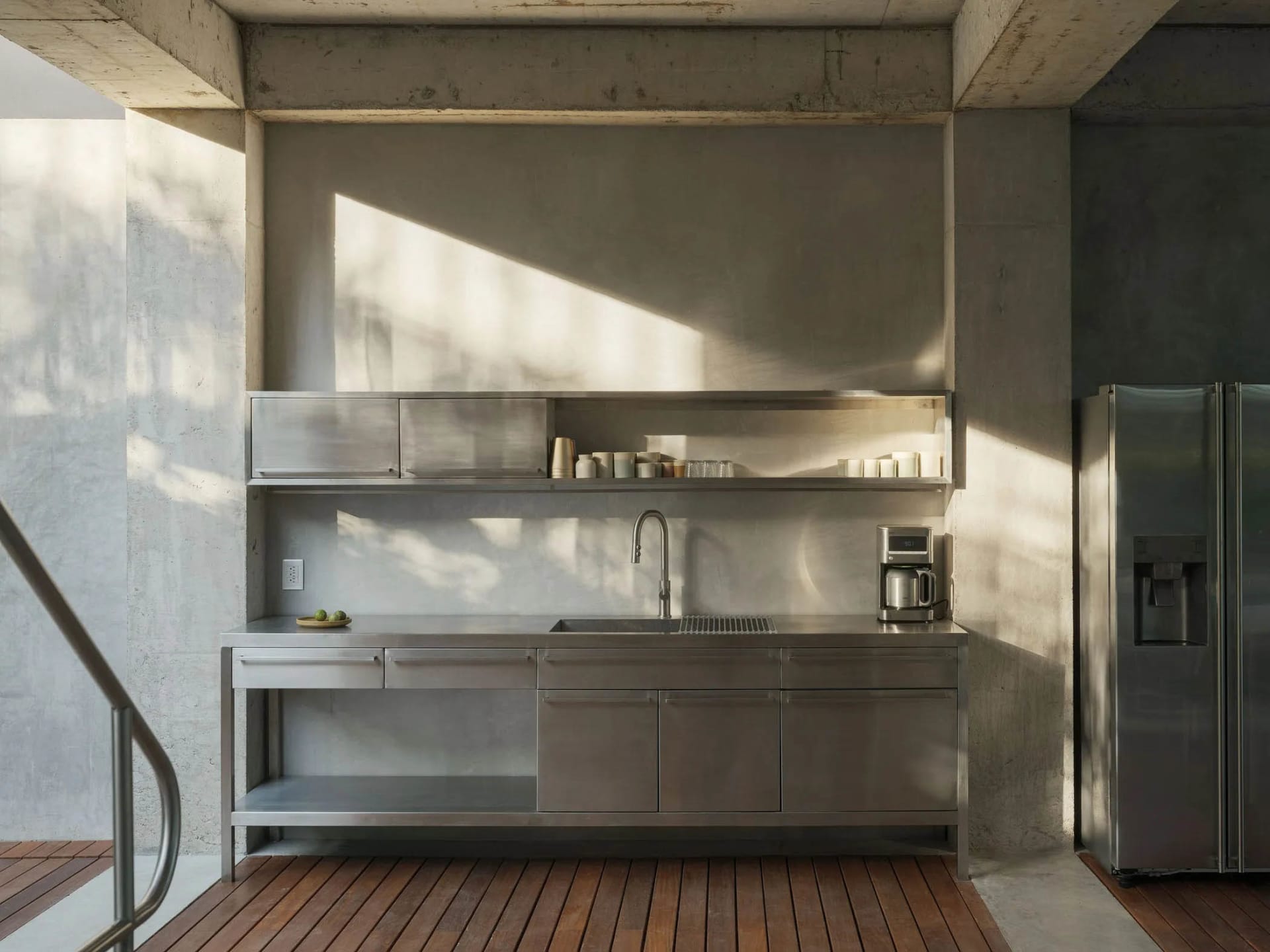 A minimalist kitchen with metallic cabinets and shelves, featuring a sink, countertop, and open shelving.