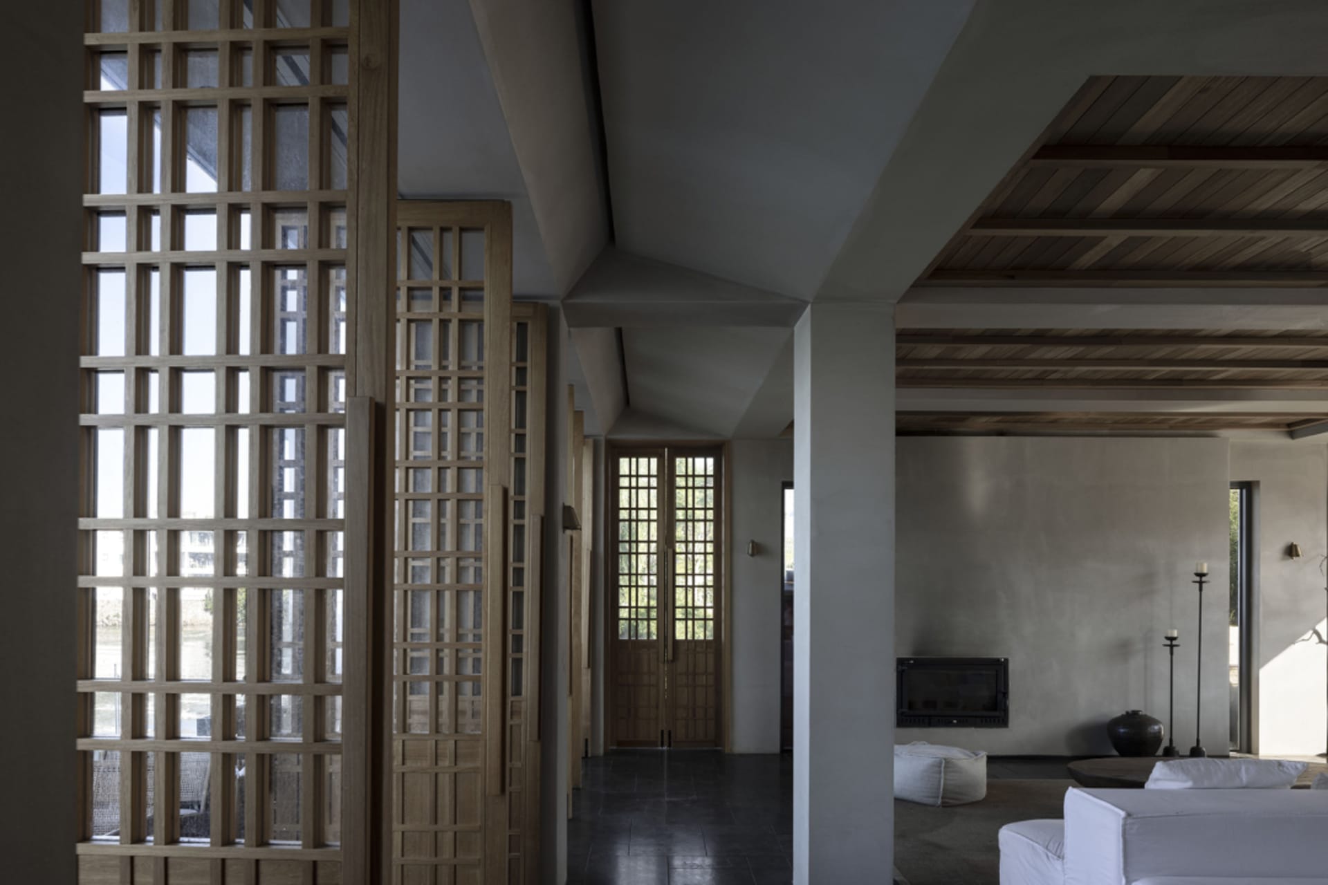 Modern interior design featuring wooden paneling with a minimalist and contemporary aesthetic.