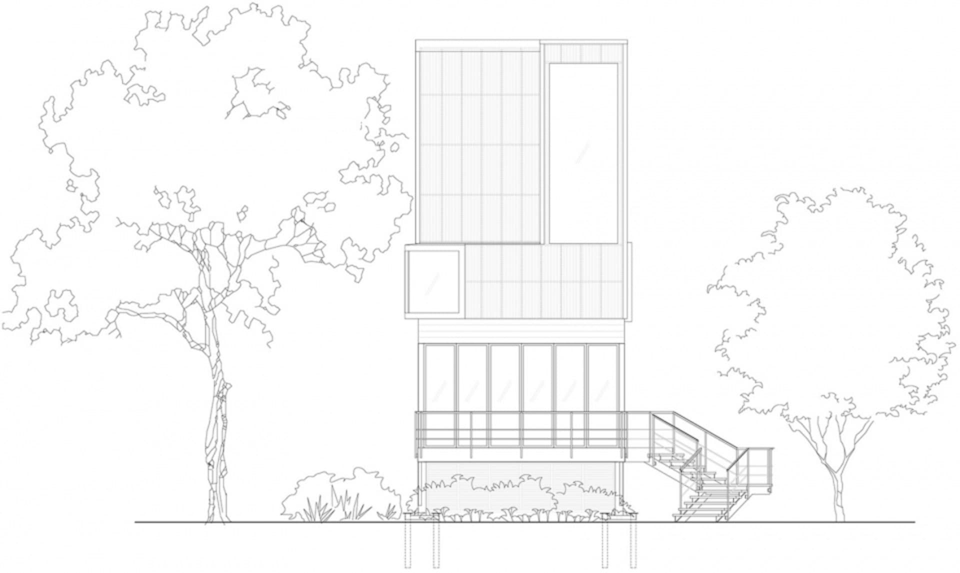 線性黑白建築圖,呈現一座擁有玻璃立面、鋼結構與混凝土基座的現代住宅。