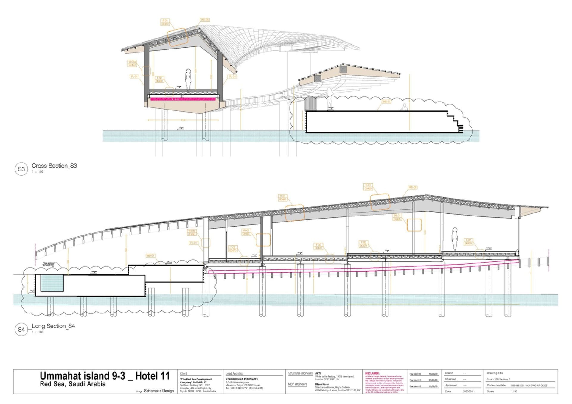 Detailed architectural drawing showing the long section of a hotel located on Ummahat Island in the Red Sea, Saudi Arabia.