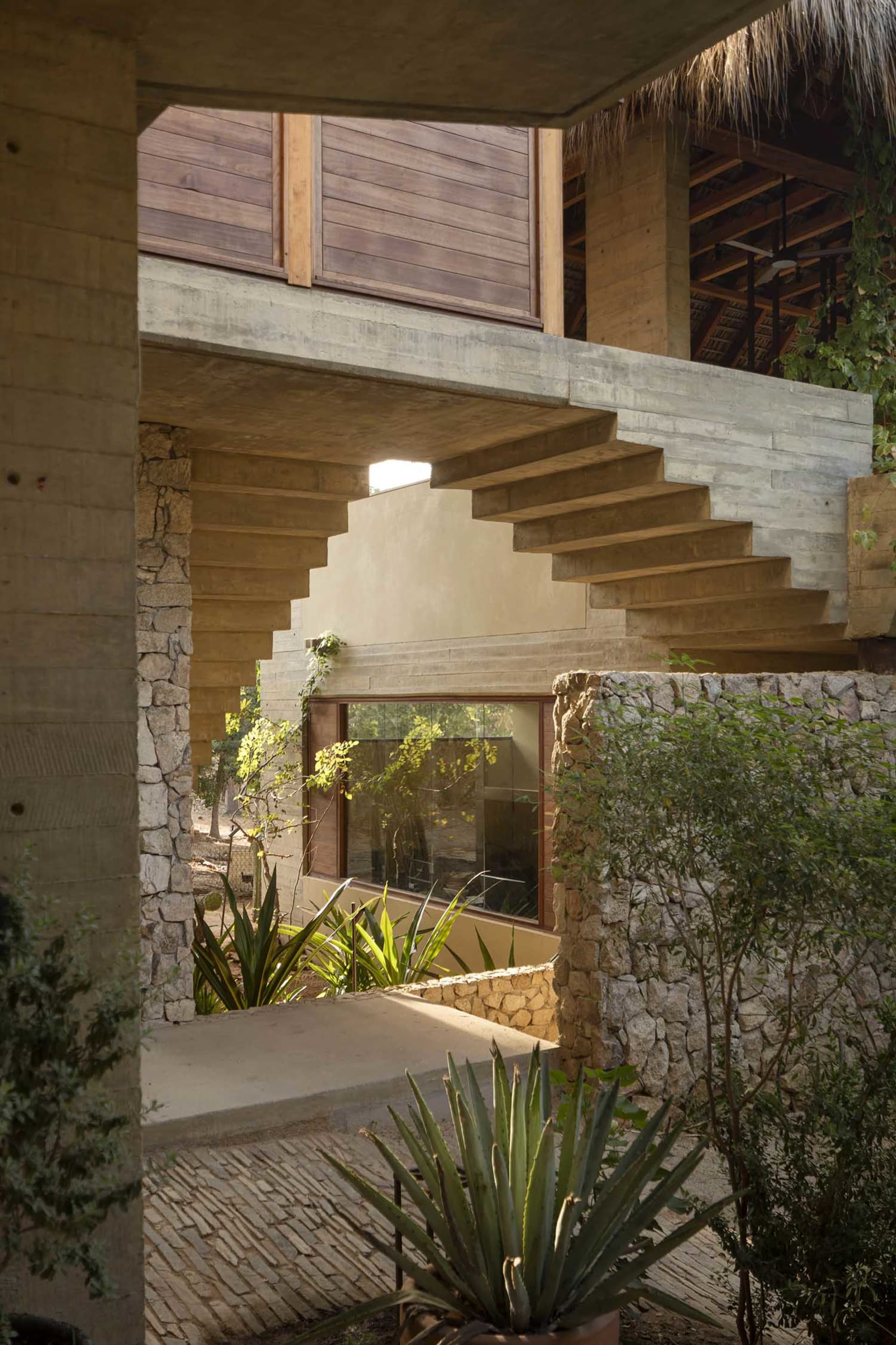 A modern building with concrete stairs, wooden railings, and green plants.