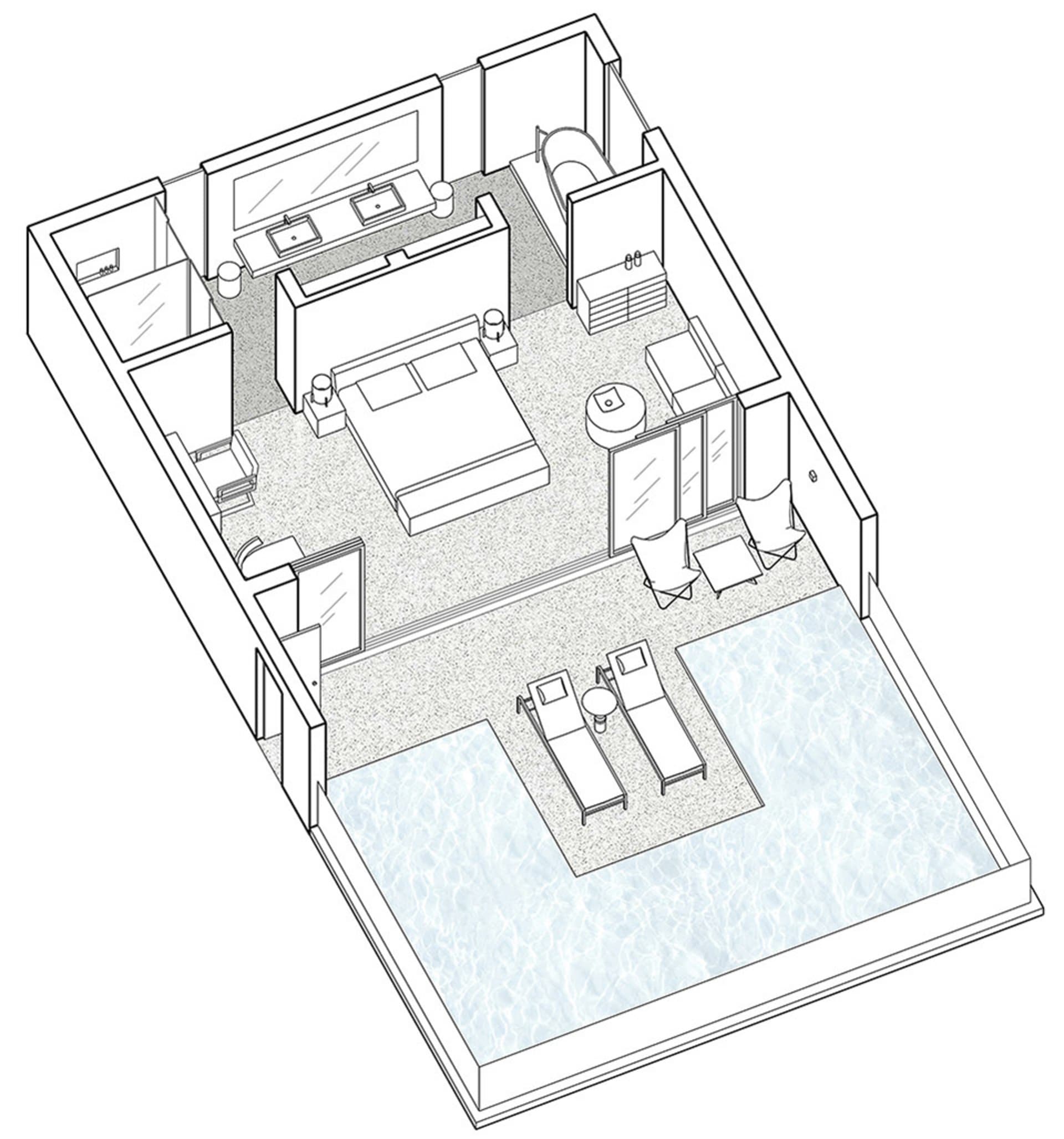 Modern bedroom featuring a terrazzo floor and a swimming pool.