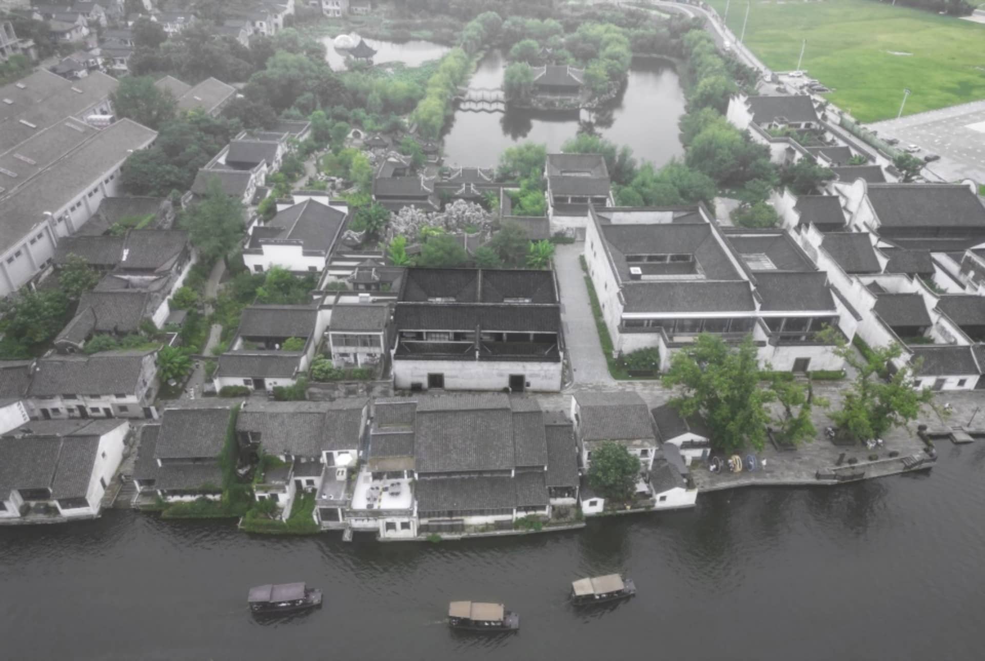 Ancient Chinese town with traditional buildings and riverfront houses
