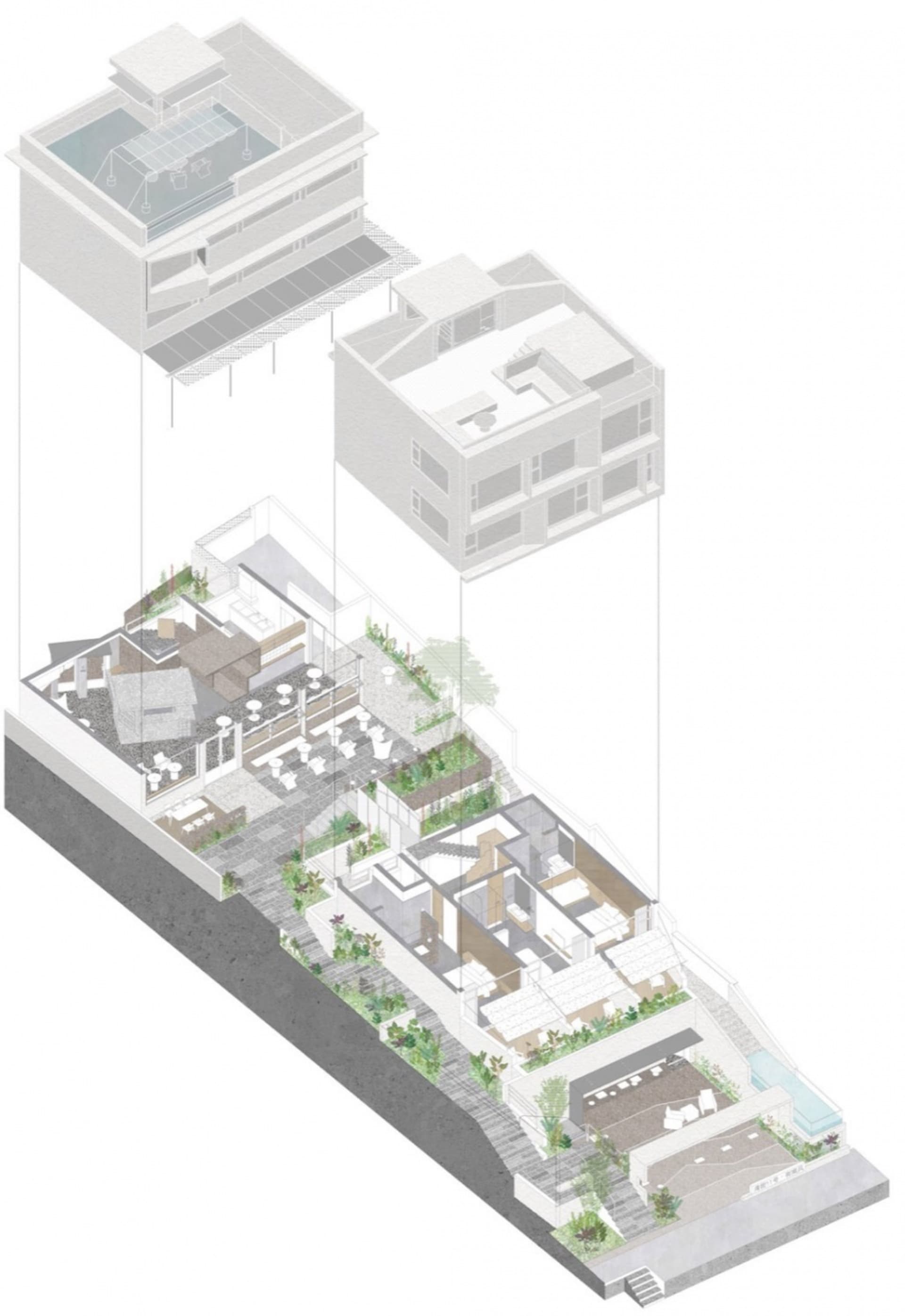 一張描繪現代住宅建築的3D建築平面圖。