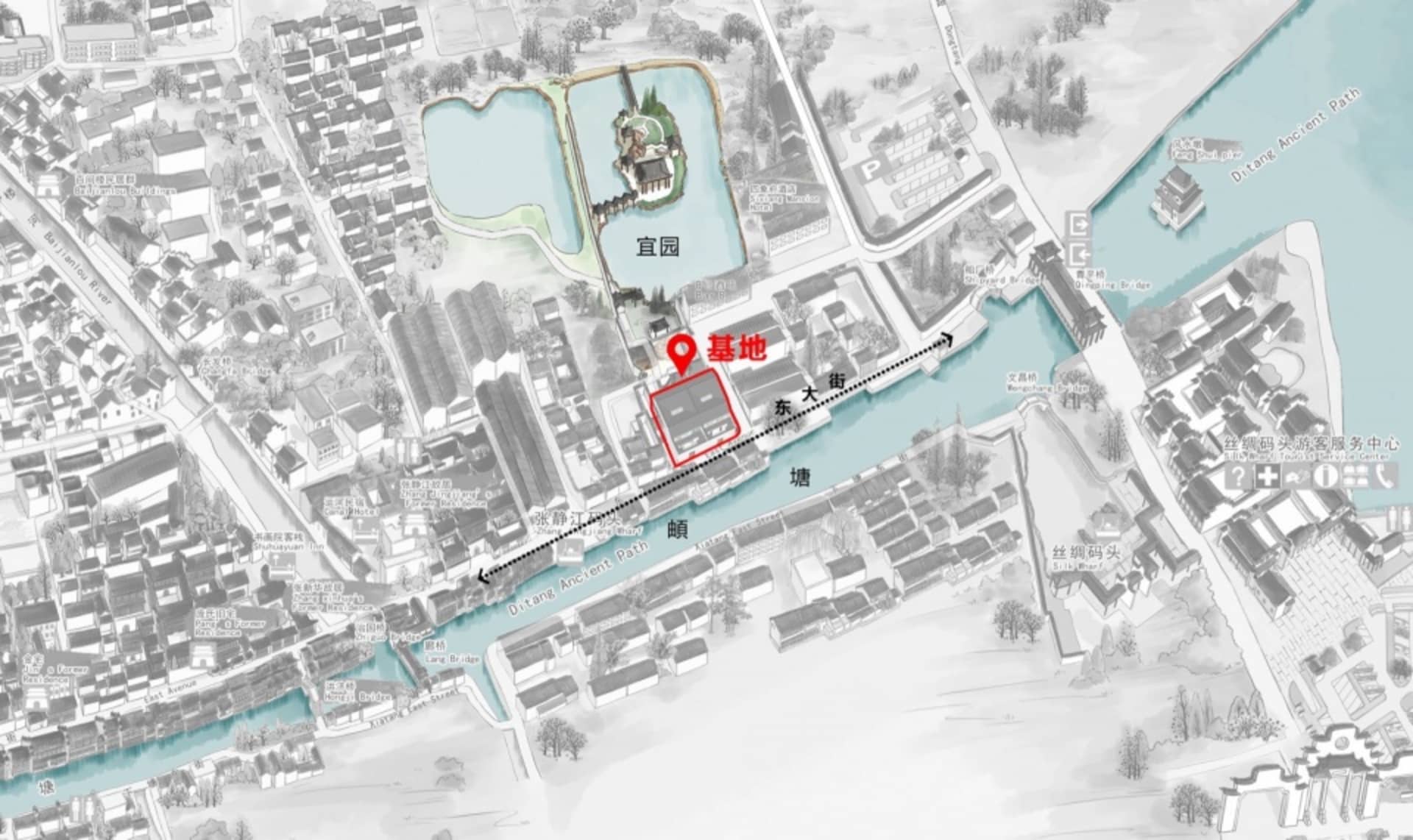 一張標註建築與路徑的古鎮詳細地圖。