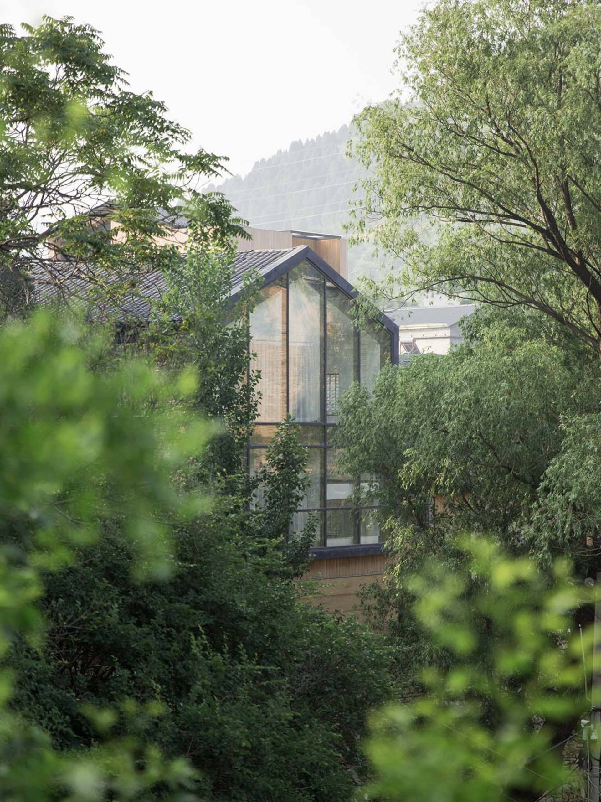 A modern house with extensive glass walls and wooden accents surrounded by lush greenery.