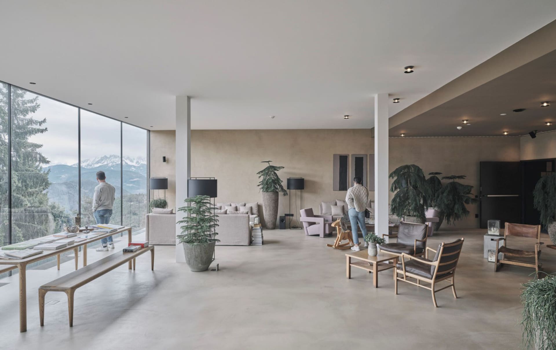 A modern minimalist lobby featuring concrete flooring and walls, with seating areas, potted plants, and a view of mountains t