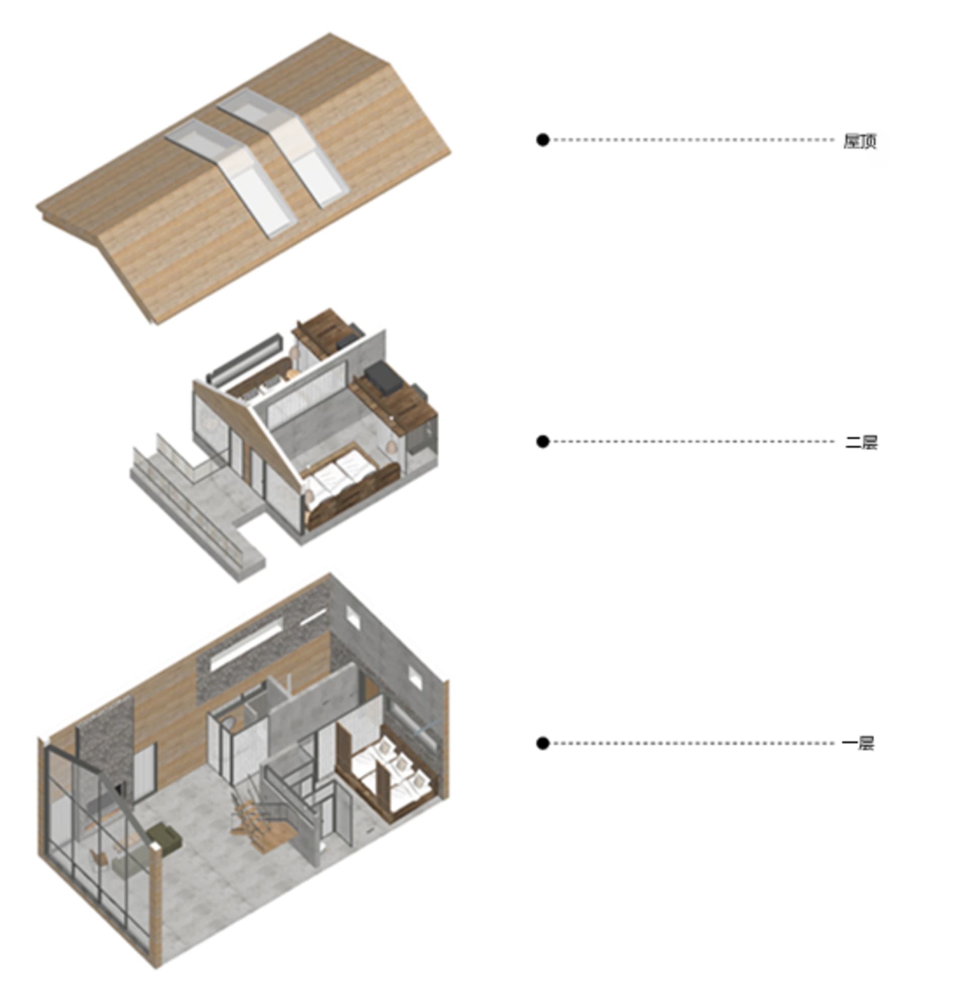 A modern tiny house with a wooden roof and floor-to-ceiling windows.