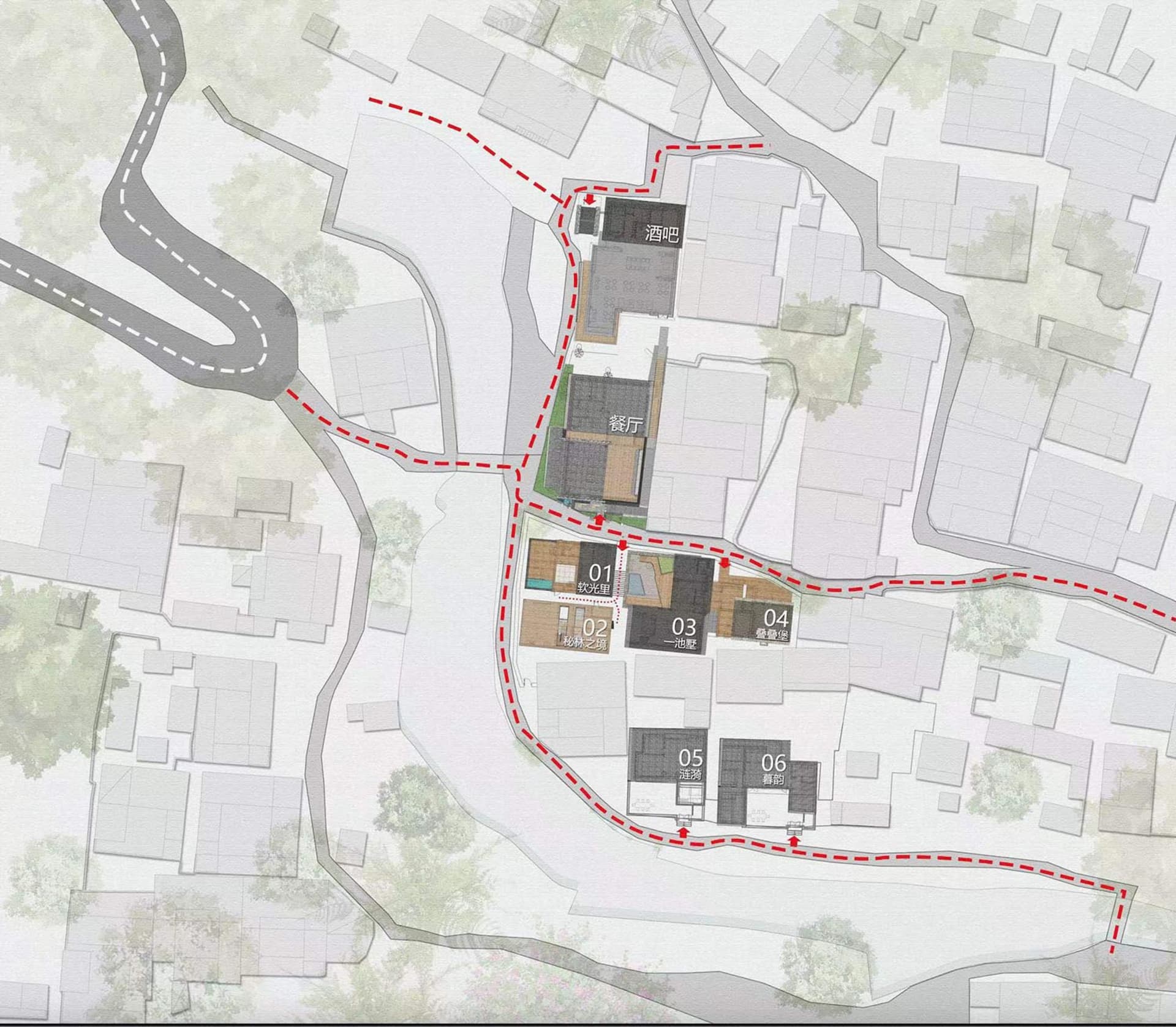 都市發展計畫展示城市區域的道路、建築物與綠地配置。