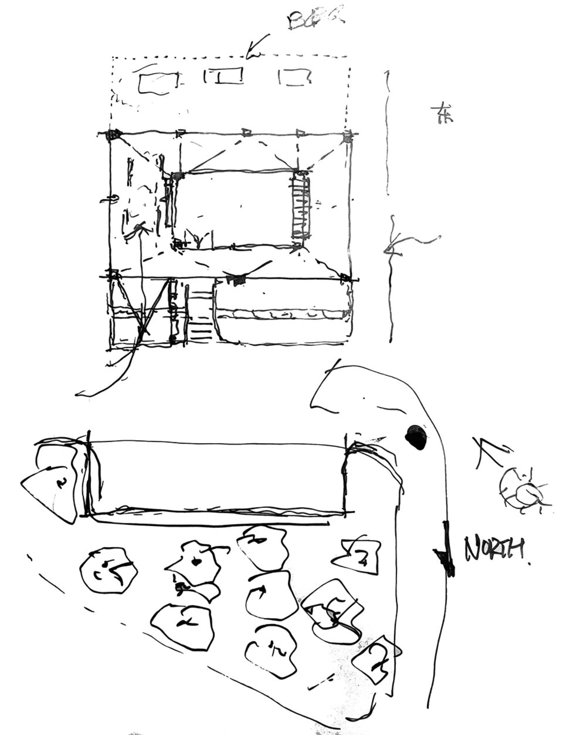 A detailed 2D architectural drawing showing the layout of an interior space, including dimensions and structural elements.