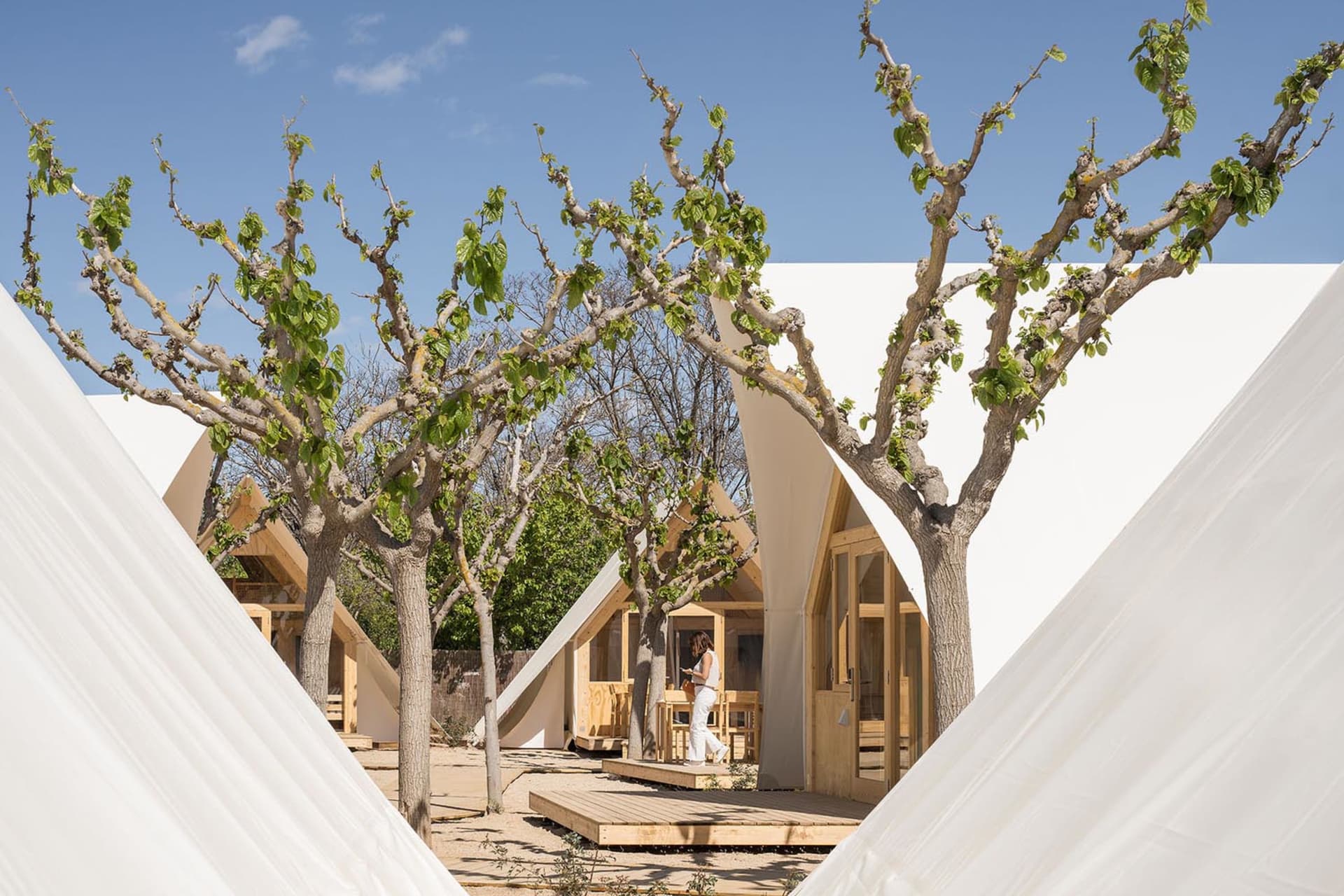 A minimalist residential space featuring white fabric structures and green foliage.