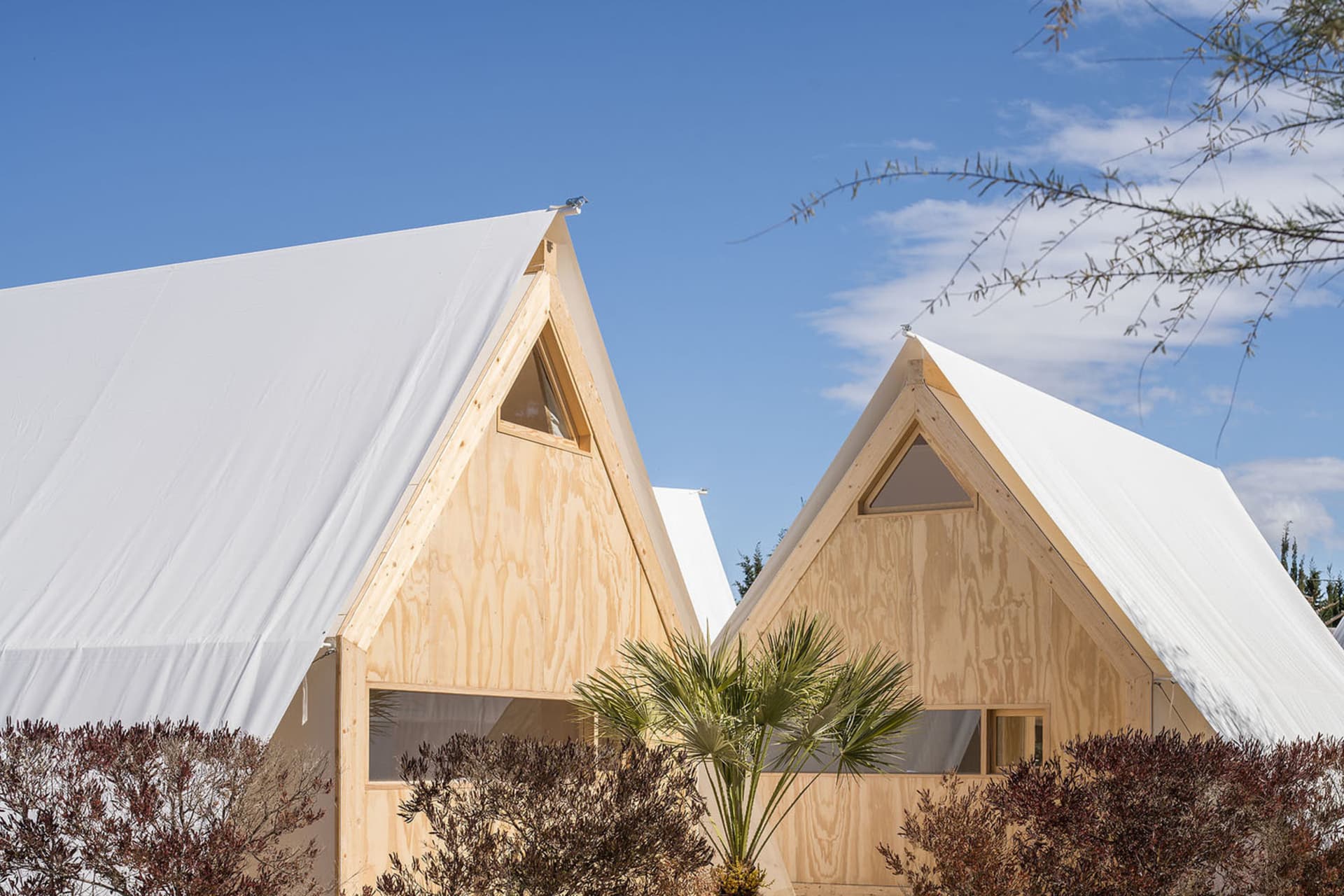 A modern residential tent with a triangular roof made of light-colored wood and covered with a white fabric roof.