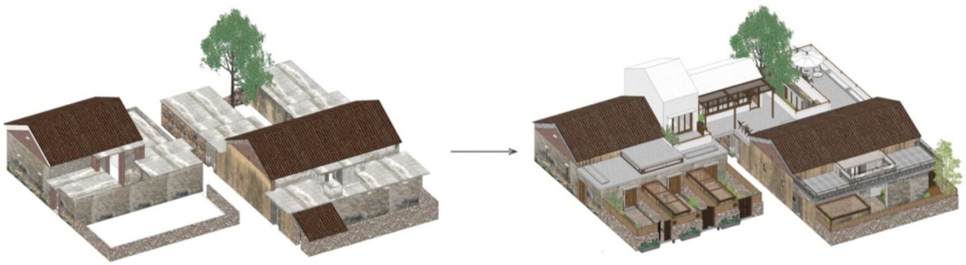 翻修後建築空間的3D渲染圖,展示磚塊、陶土與木質材料。