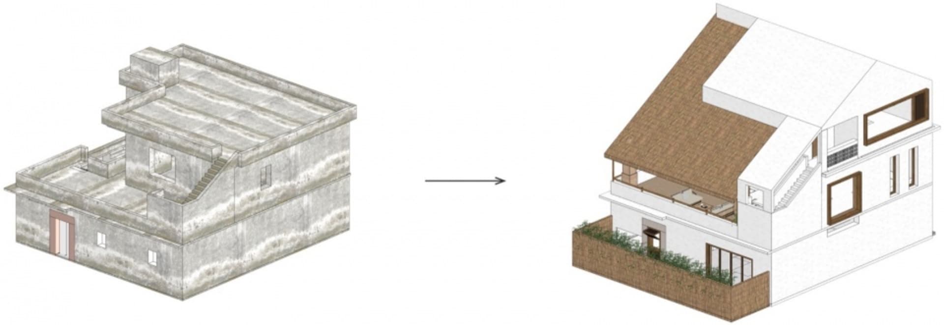 Isometric drawing of a modern house with a concrete roof and exterior design features.