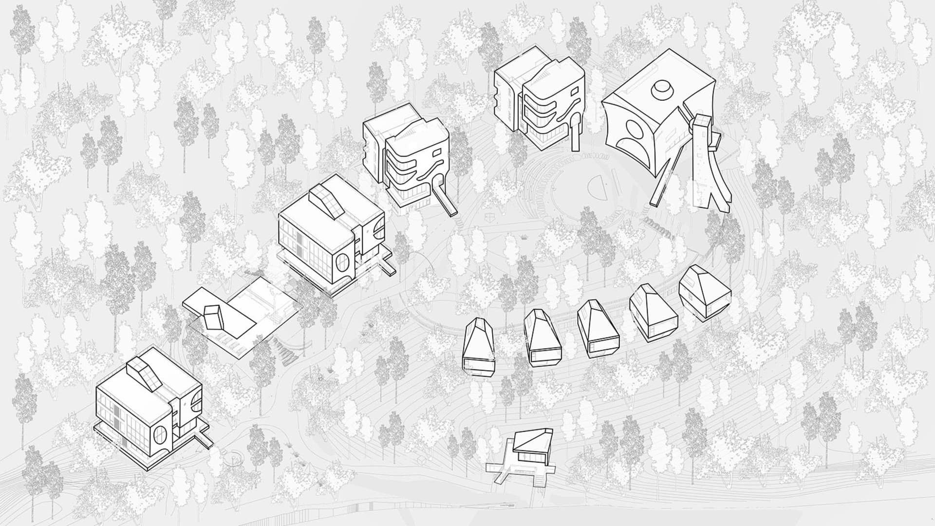 Isometric architectural drawing of housing units surrounded by trees, featuring concrete and glass materials.