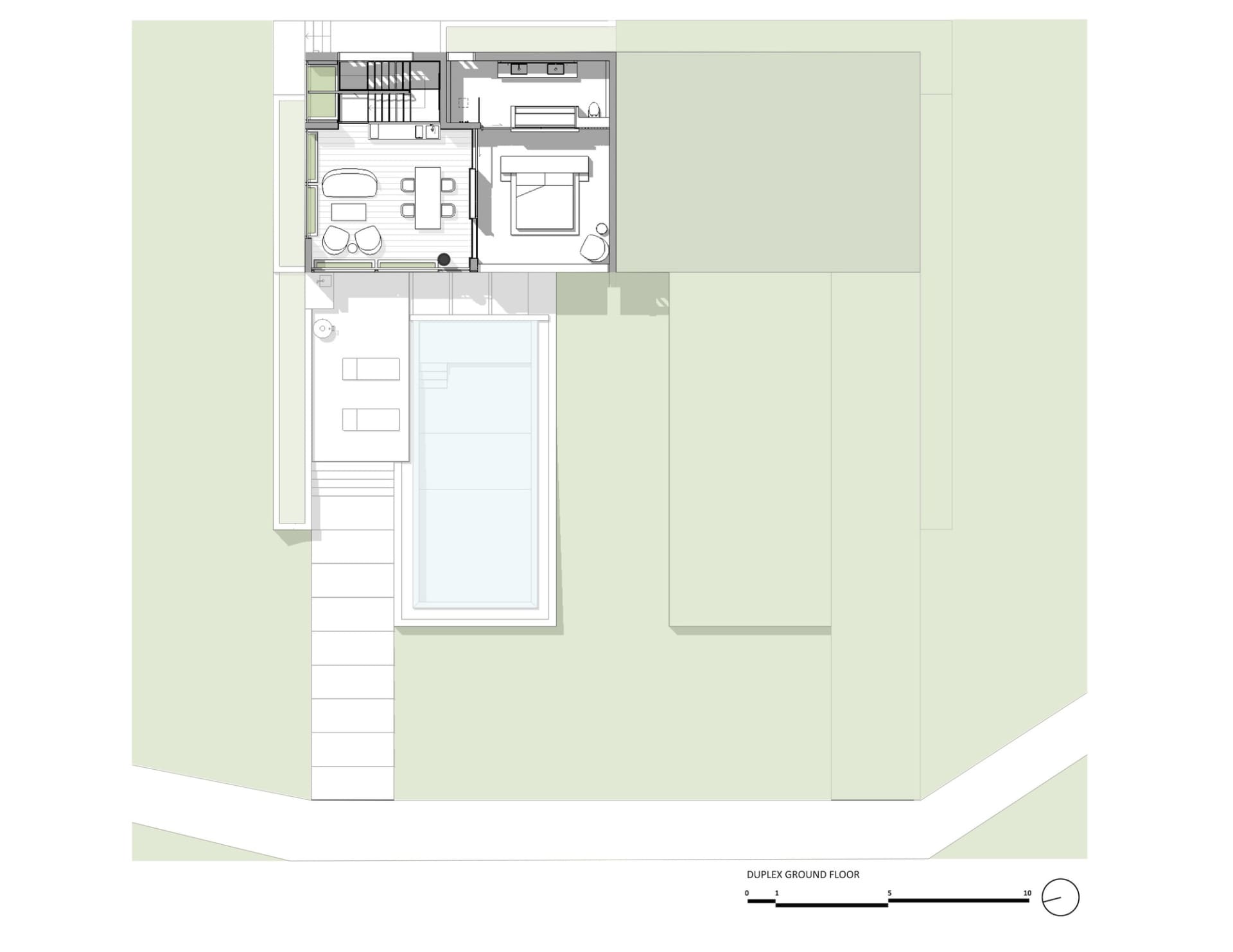 現代複式住宅一樓平面圖，展示功能分區與空間配置。