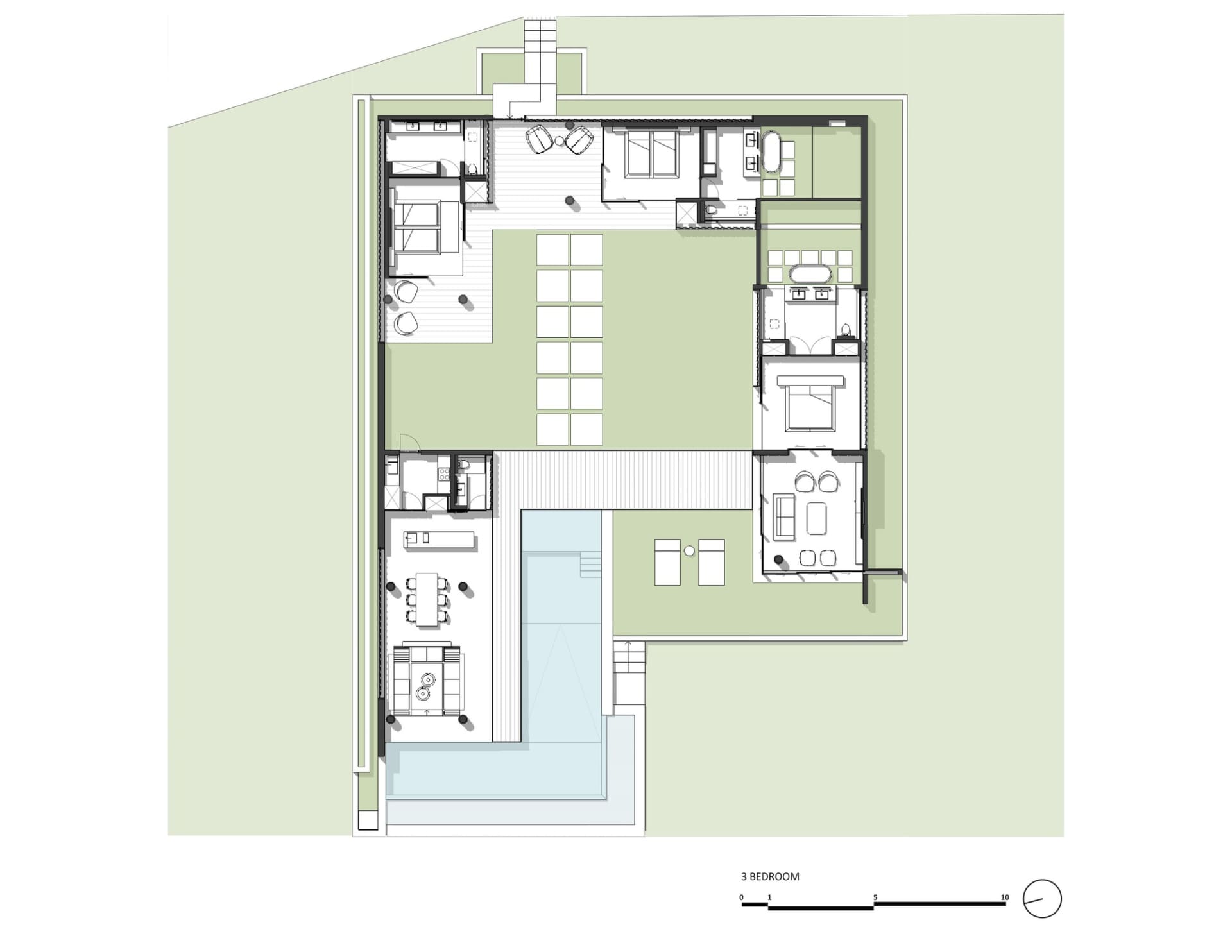 A residential floor plan featuring a layout with three bedrooms, a kitchen, and living areas.