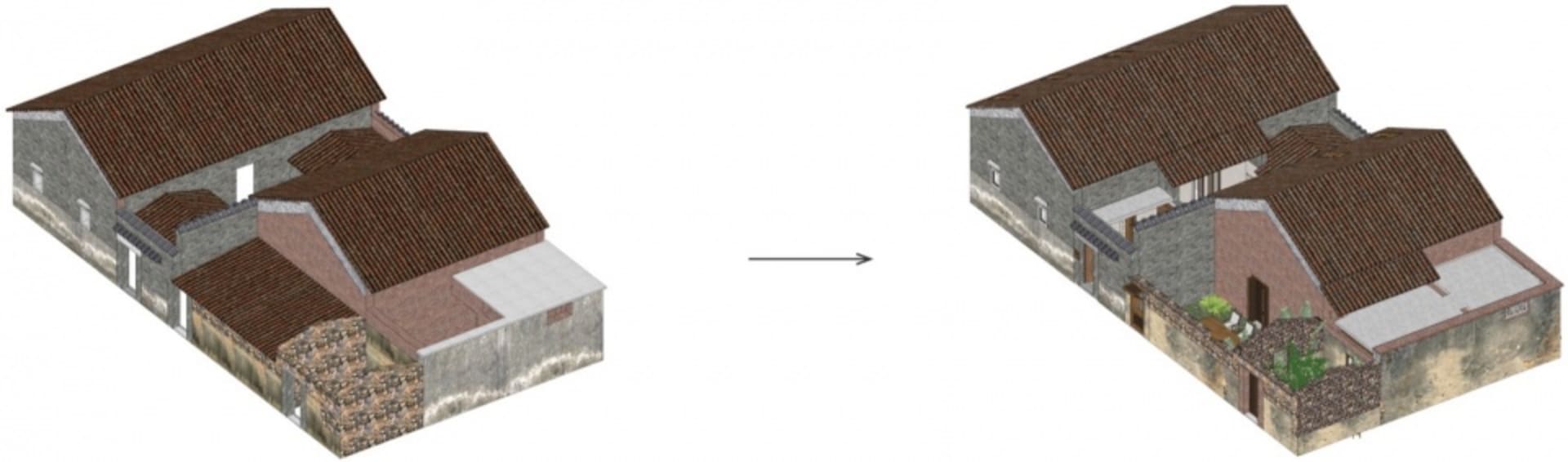 Village home before and after renovation with brick, concrete, and plants surrounding it.