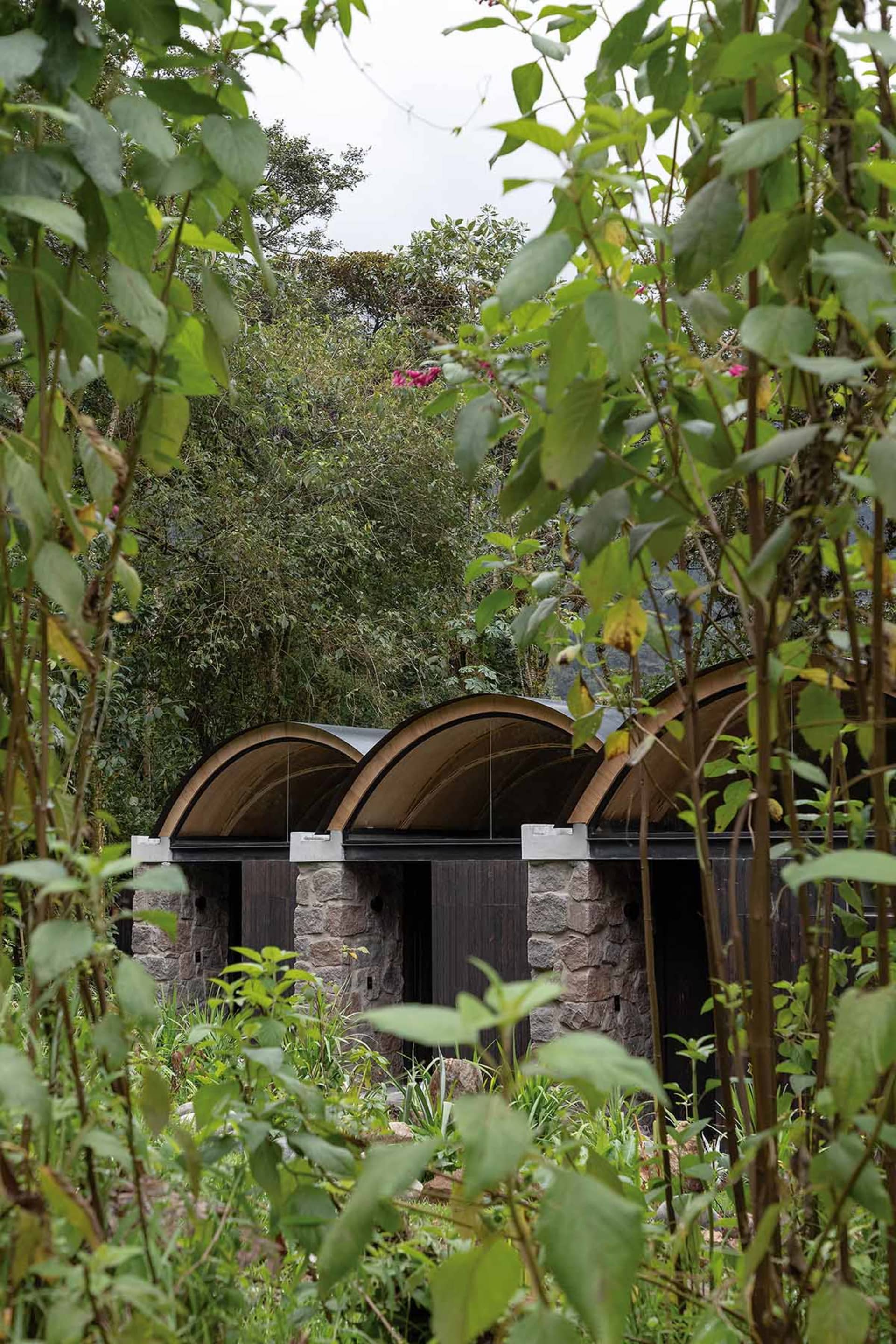 Modern building with stone and glass exterior, surrounded by greenery.